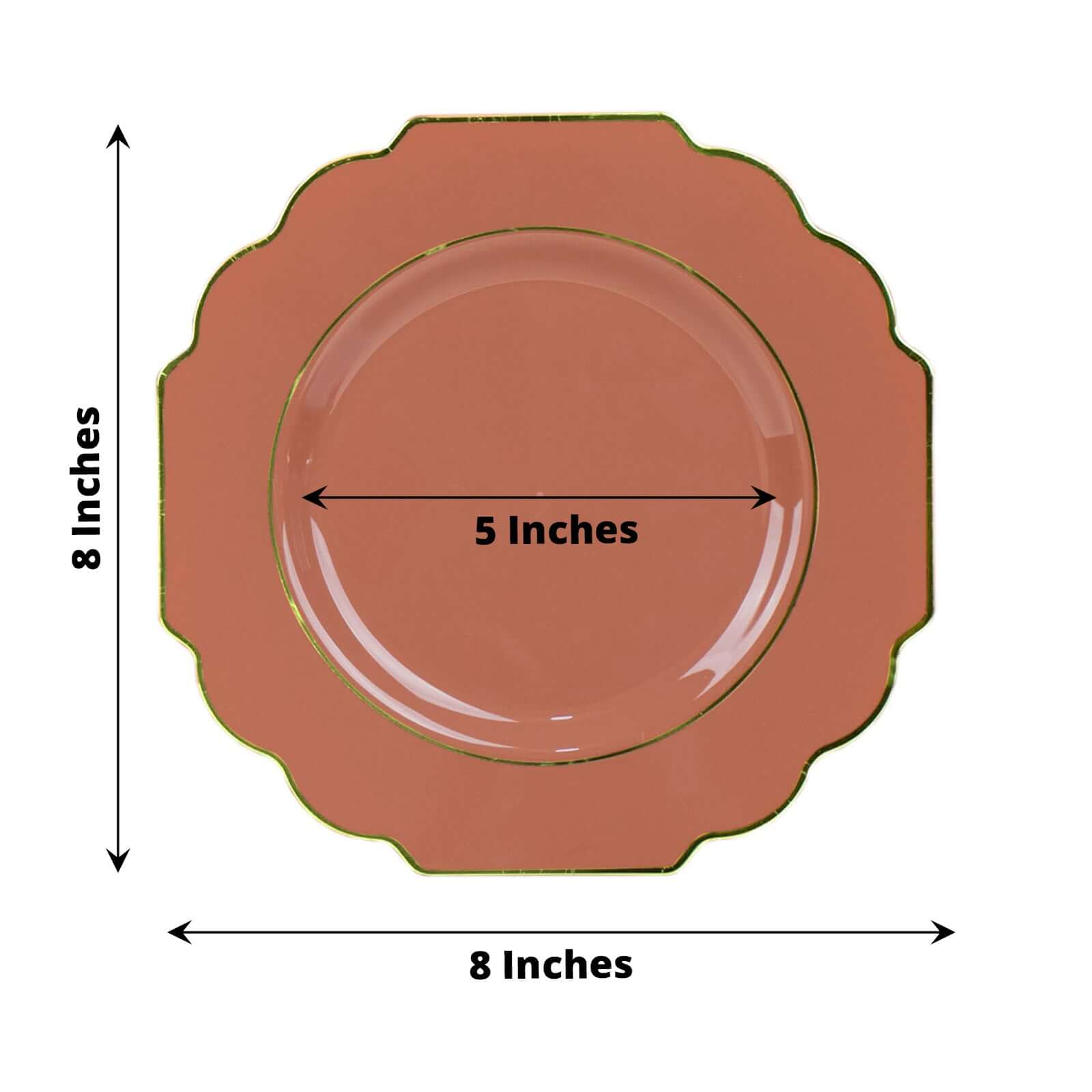 10-Pack Plastic Dessert Appetizer Plates in Terracotta (Rust) Baroque Design with Scalloped Gold Rim - Heavy Duty Disposable Salad Plates 8"