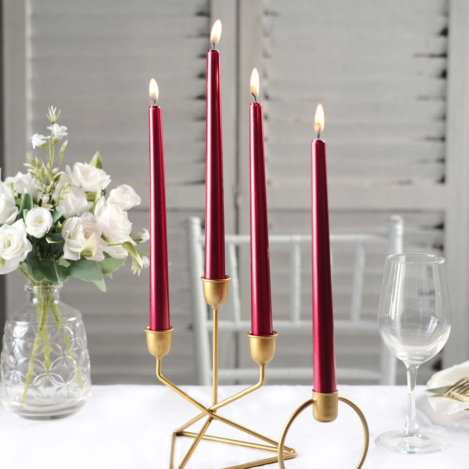12-Pack Taper Candles Premium Wax Design Metallic Red - Unscented Candles for Upscale Settings 10"