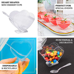 24-Pack Plastic Dessert Parfait Cups Heart-Shaped Clear with Spoons - Reusable and Disposable 2oz