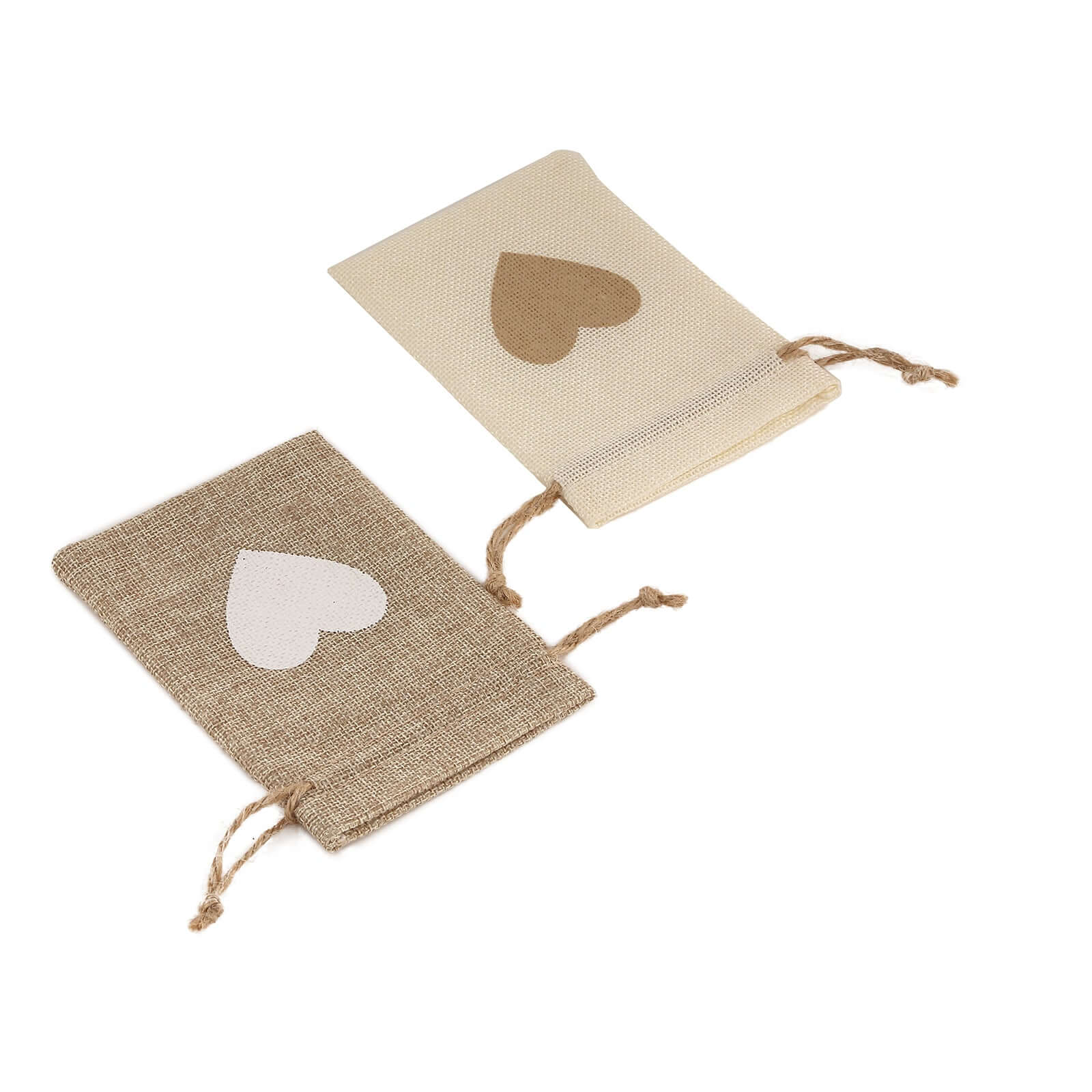 20 Pack 4"x5" Natural Ivory Heart Design Jute Burlap Gift Bags With Drawstring, Rustic Wedding Party Favor Bags