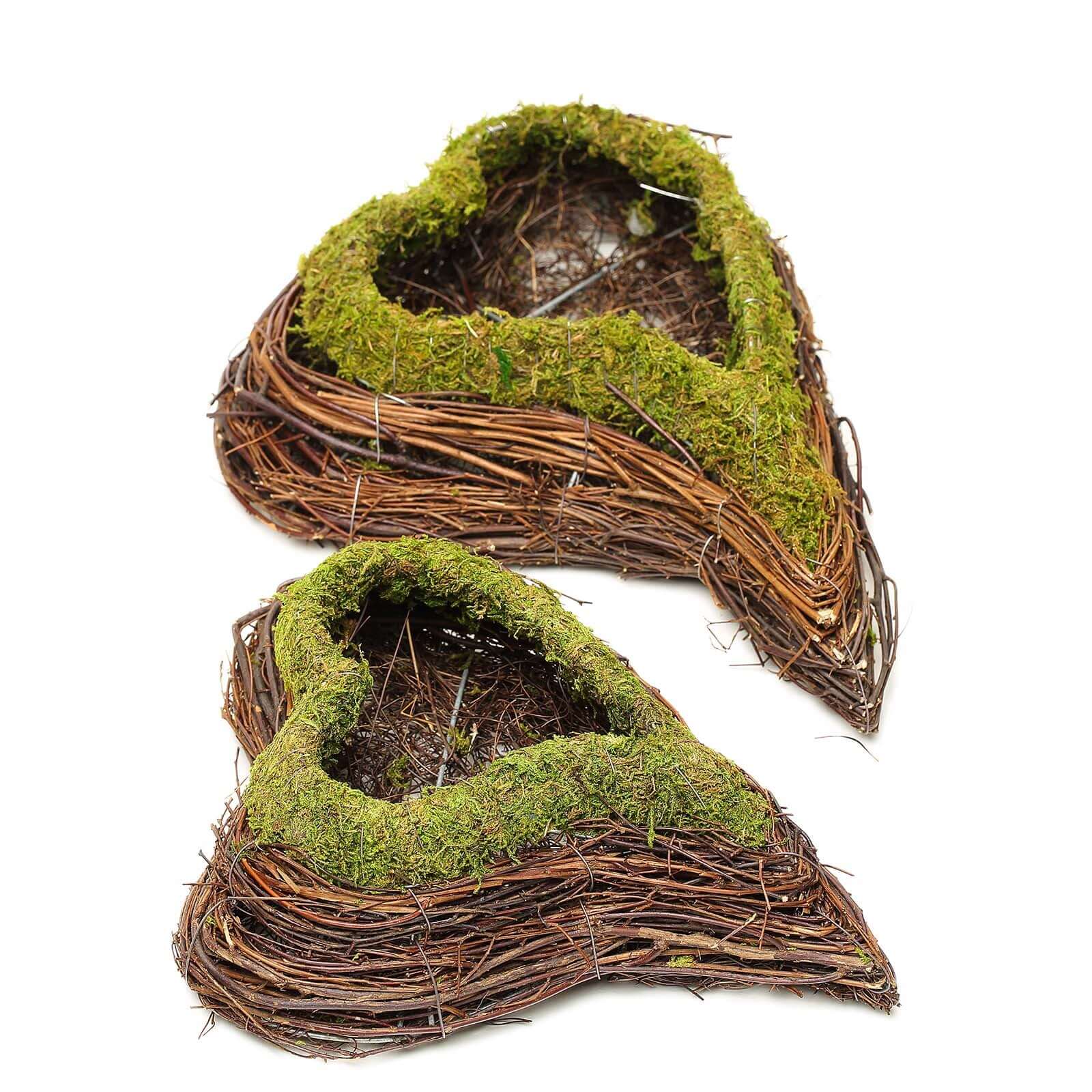 Set of 2 Heart Shaped Planter Boxes Preserved Moss Twigs Green - Flower Basket Centerpieces 14", 11"