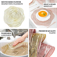 6-Pack Dining Table Mats Rose Flower Design Metallic Gold - Vinyl Round Non-Slip and Washable Table Mats 15"
