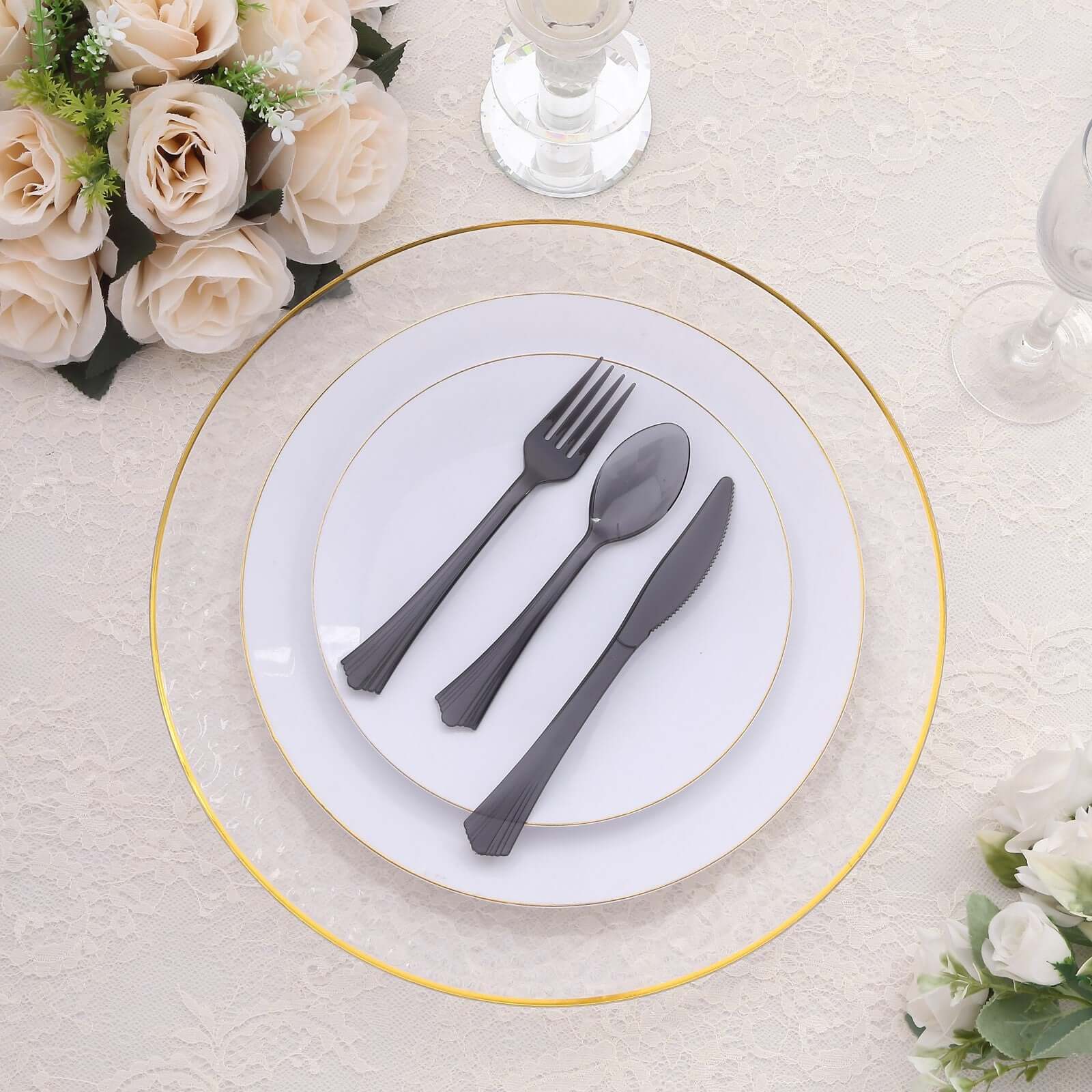 24-Pack Plastic Silverware Set with Fan Flared Tip Handle Transparent Black - Heavy Duty Disposable Utensils 7"