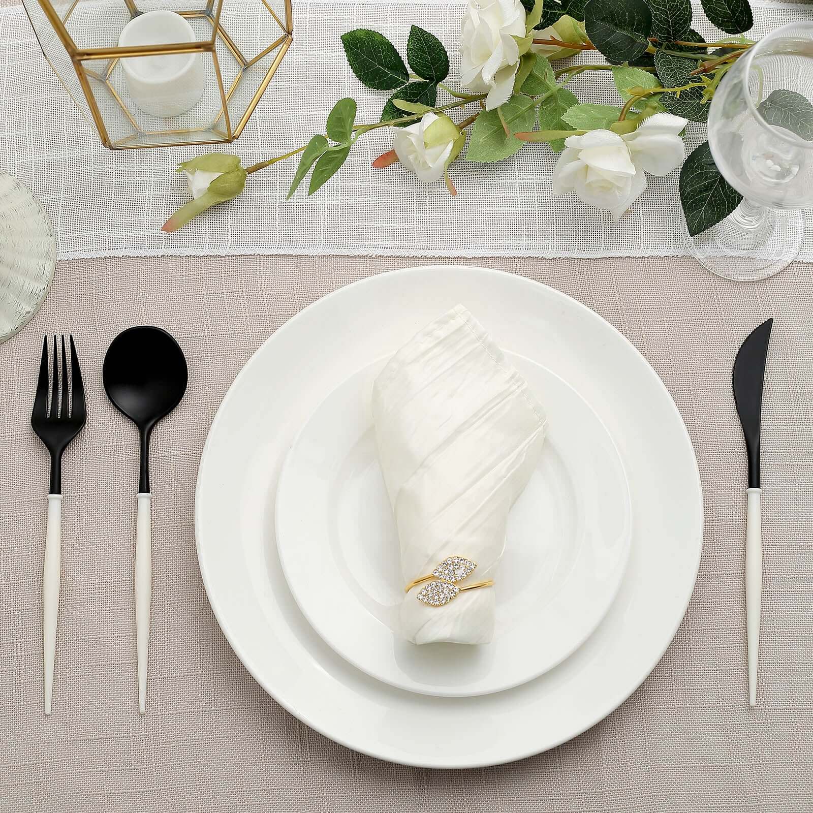 24-Pack Plastic Flatware Set in Black with Ivory Handle - Heavy Duty Disposable Modern Silverware 8"