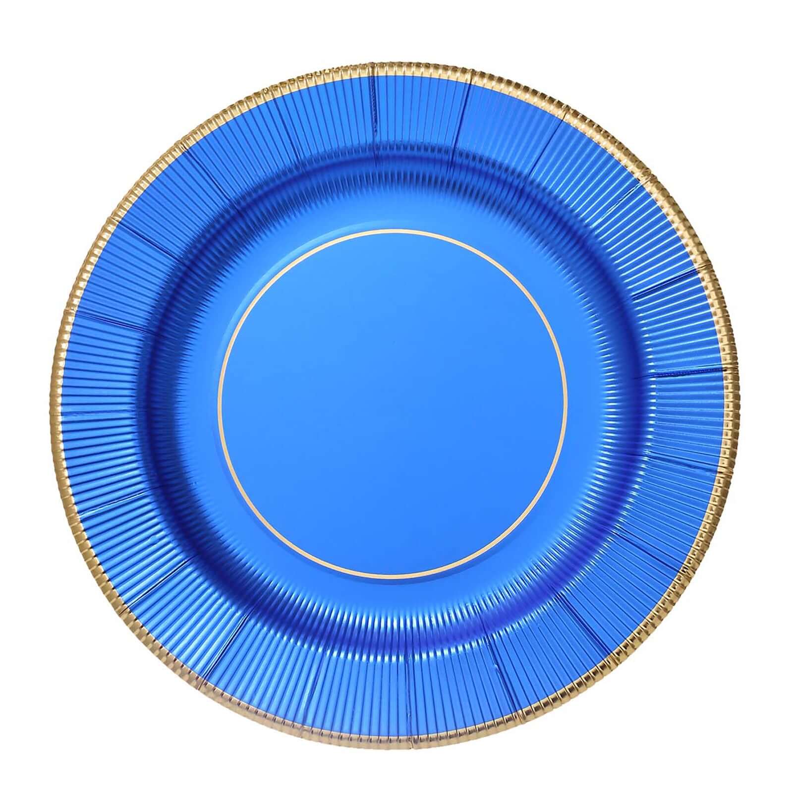 25-Pack Disposable Round Charger Plates in Royal Blue Sunray Design with Gold Rim - 350GSM Heavy Duty Paper Chargers 13"
