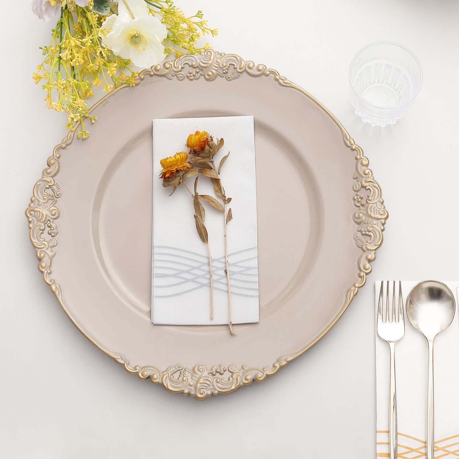 6-Pack Acrylic Round Charger Plates 13" in Nude Taupe with Gold Embossed Baroque Rim, Antique Decorative Dinner Party Charger Tableware