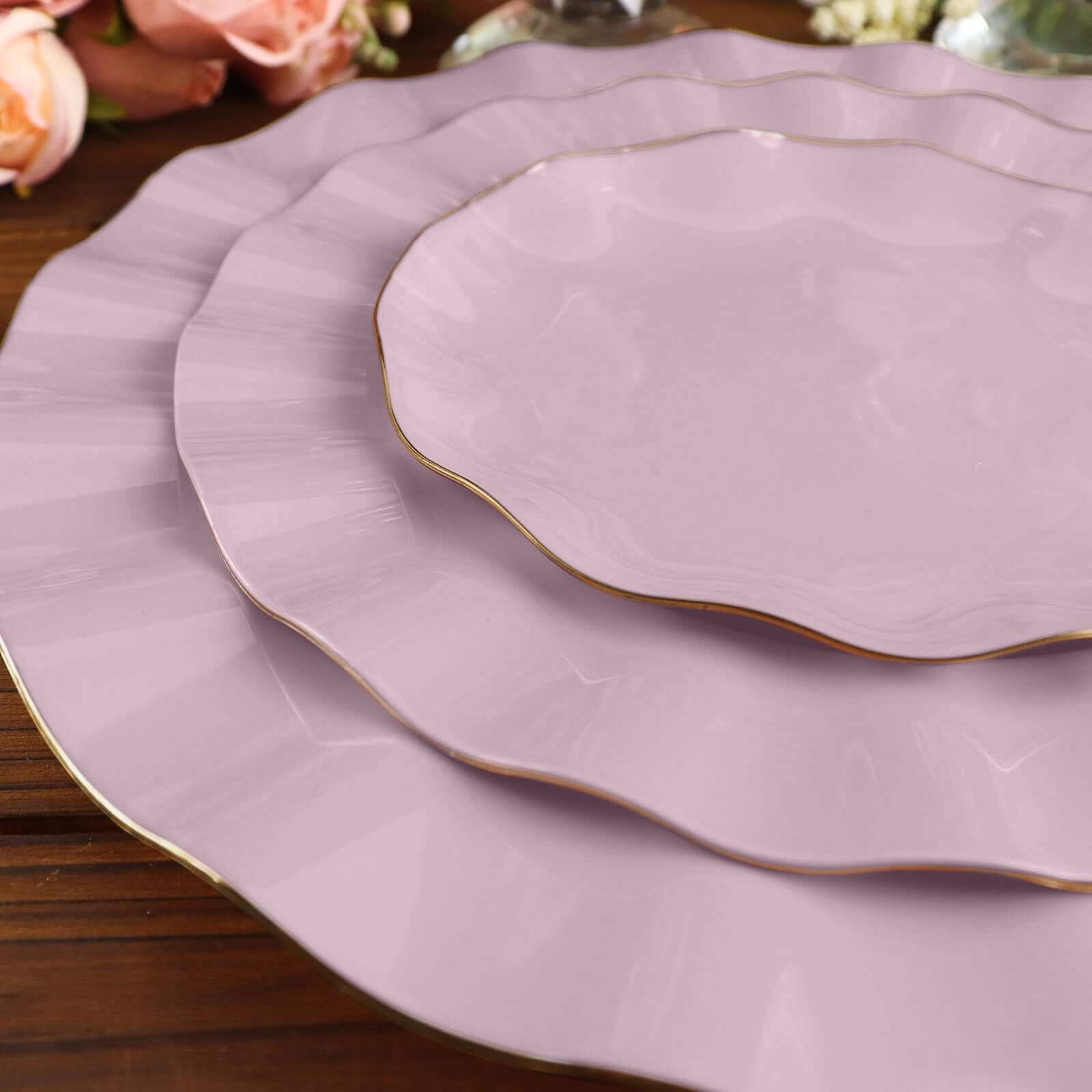 10-Pack Plastic Round 6" Dessert Plates in Lavender Lilac Ruffled Rim with Gold Edging - Sturdy Disposable Salad Appetizer Dinnerware