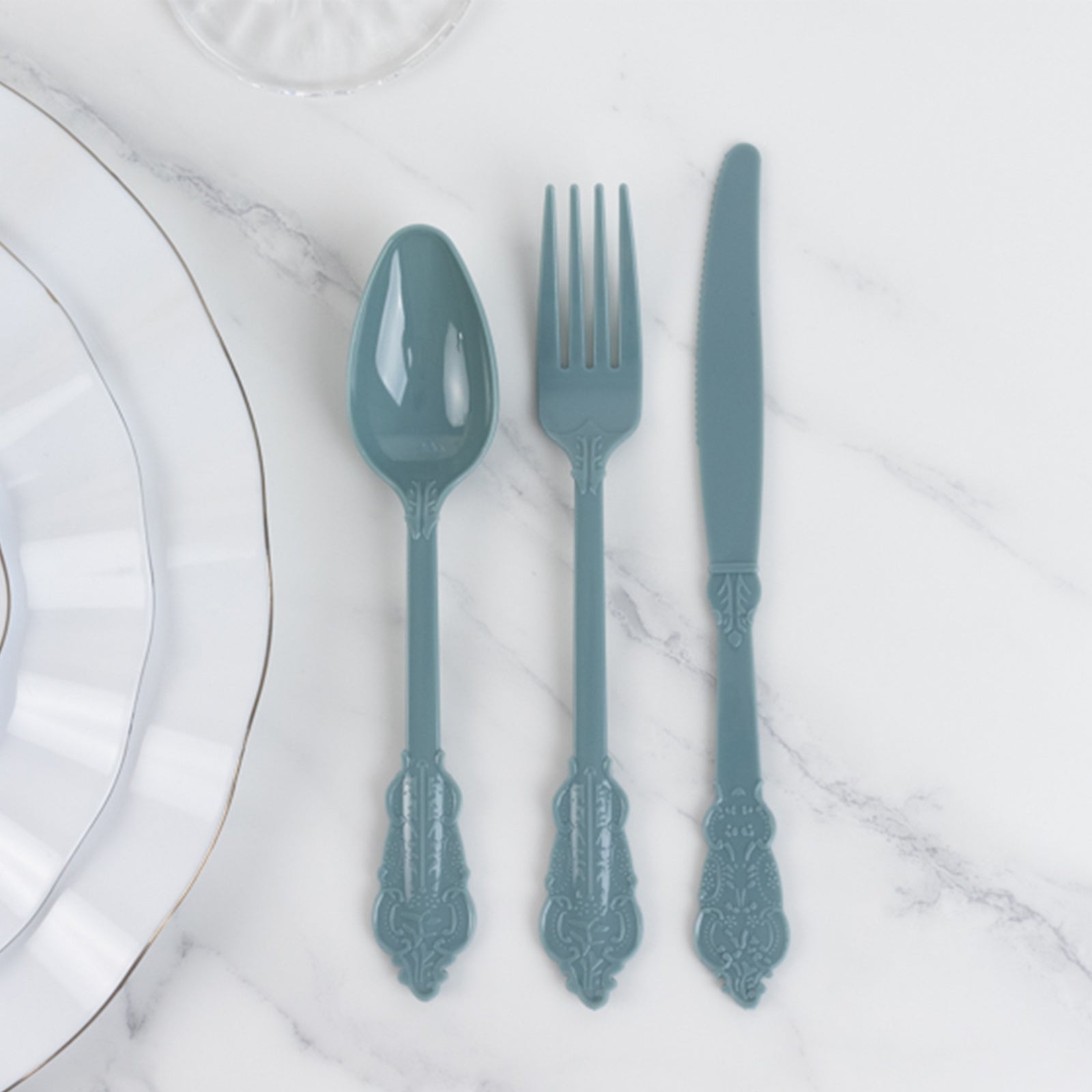 72 Pcs Plastic Silverware Set in Baroque Style Dusty Blue - Heavy Duty Disposable Knife, Fork, and Spoon Set