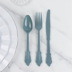 72 Pcs Plastic Silverware Set in Baroque Style Dusty Blue - Heavy Duty Disposable Knife, Fork, and Spoon Set
