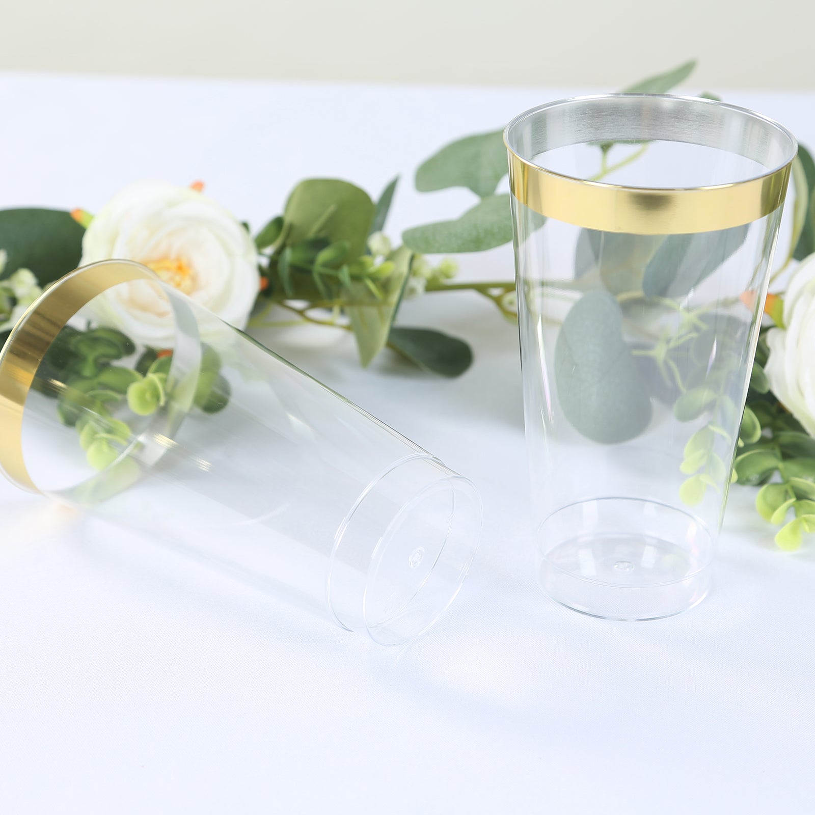 12-Pack Plastic Party Cups Clear with Gold Rim - Durable Disposable Tumblers for Drinks 17oz 5.5"
