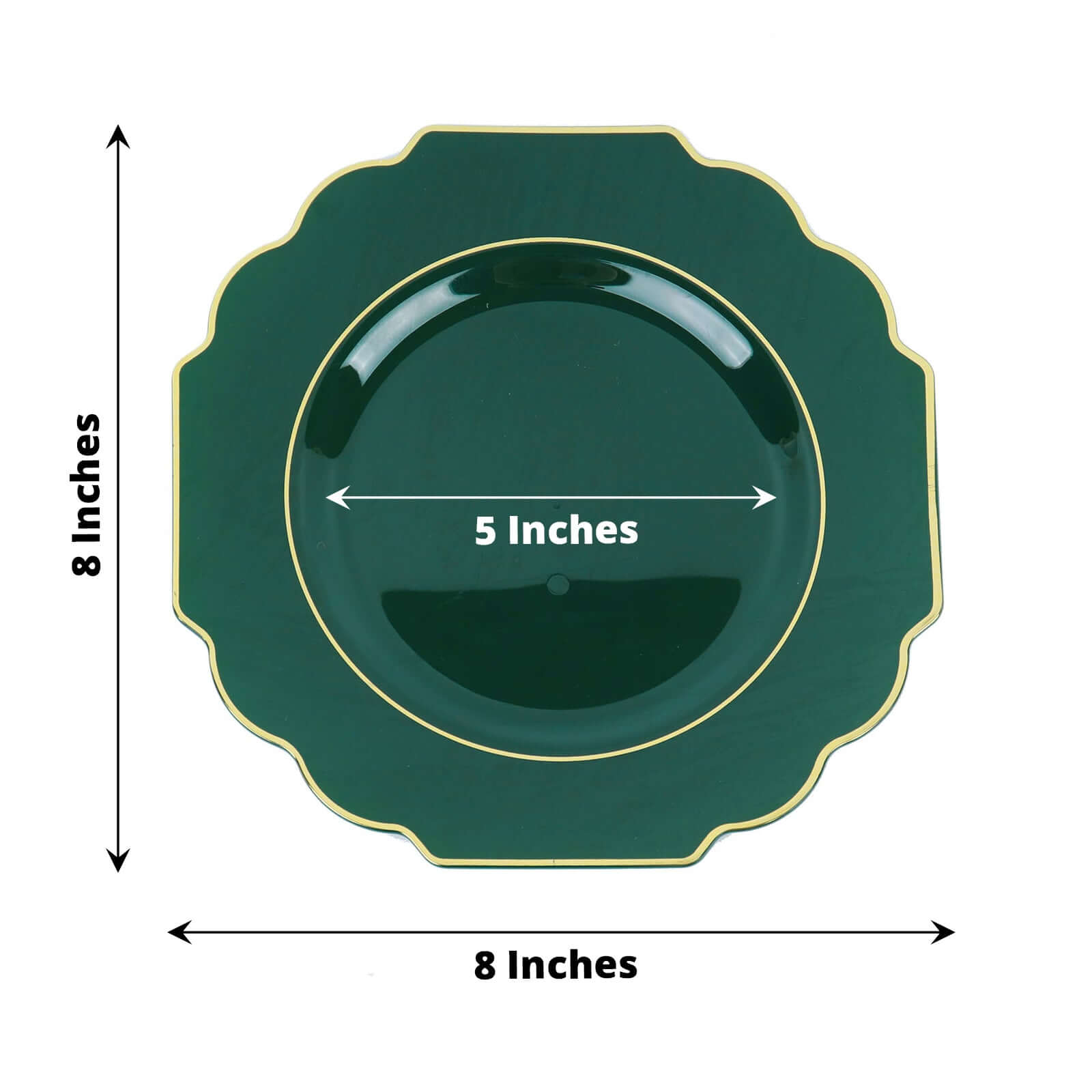 10 Pack 8" Hunter Emerald Green Hard Plastic Dessert Appetizer Plates, Disposable Tableware, Baroque Heavy Duty Salad Plates with Gold Rim