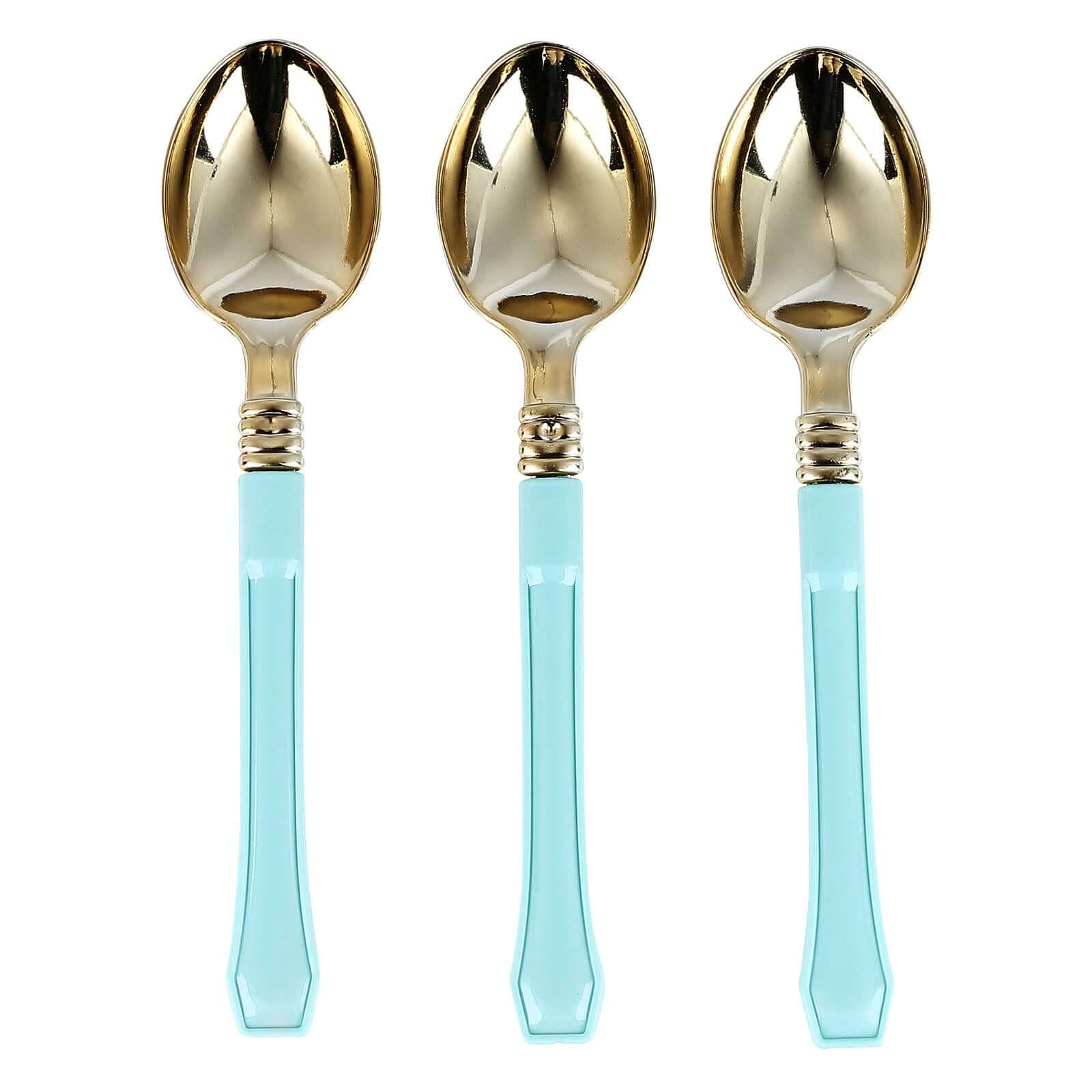 24-Pack Plastic Spoons with Light Blue Handle Gold - Heavy Duty Disposable Silverware 7"