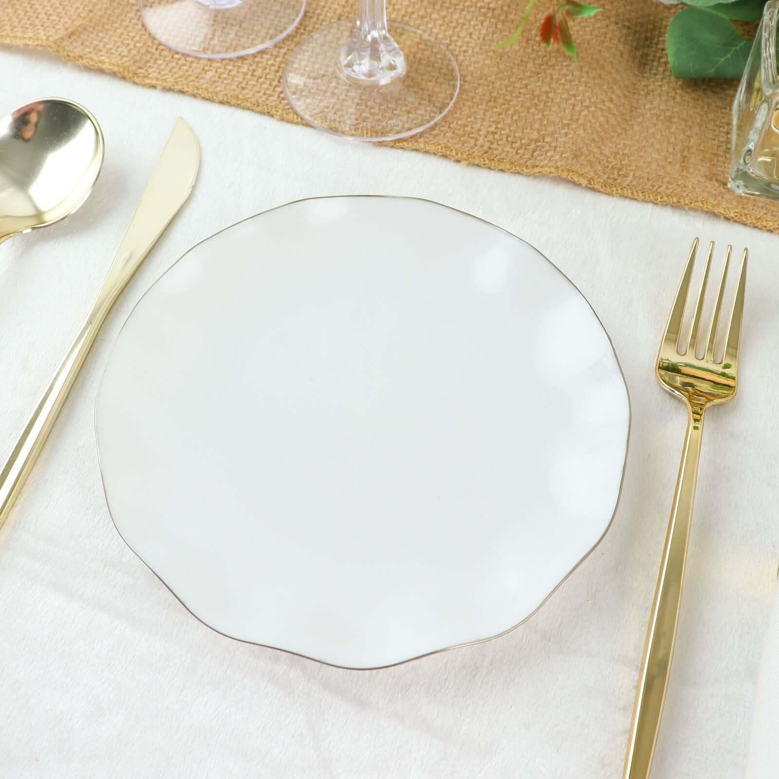10-Pack Plastic Round 6" Dessert Plates in White Ruffled Rim with Gold Edging - Sturdy Disposable Salad Appetizer Dinnerware for Classy Events & Banquets