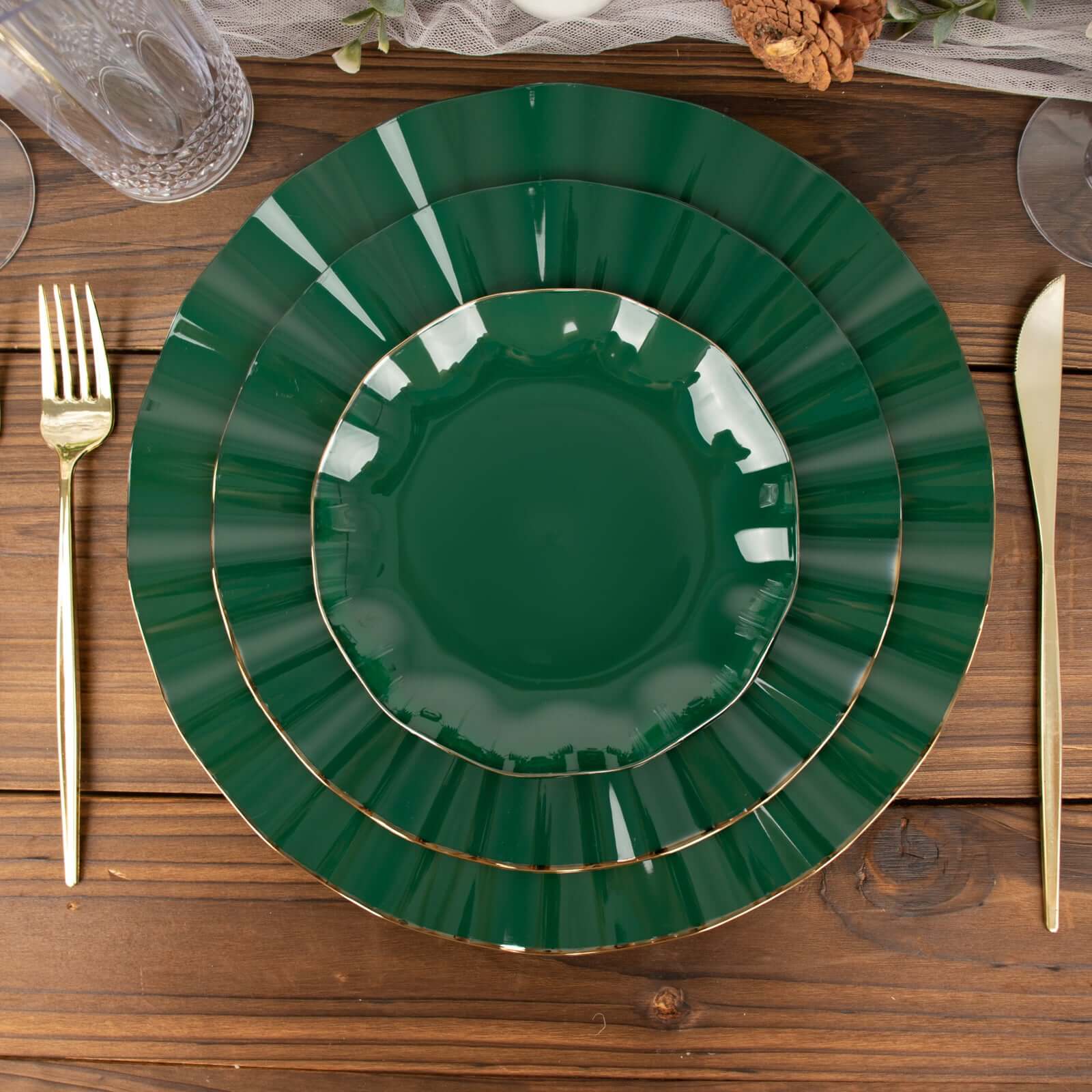 10-Pack Plastic Round 6" Dessert Plates in Hunter Emerald Green Ruffled Rim with Gold Edging - Sturdy Disposable Salad Appetizer Dinnerware