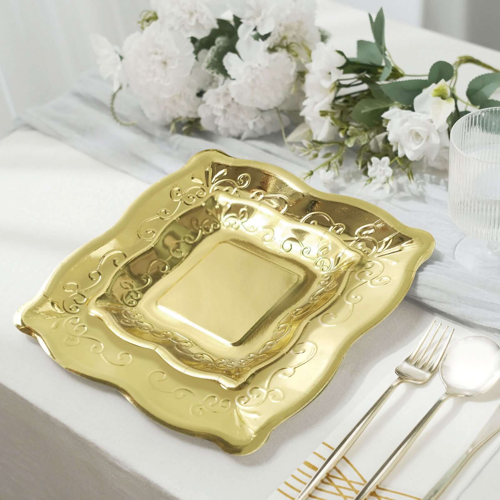 25-Pack Paper 7" Square Dessert Plates in Gold with Vintage Pottery Embossed Design - Shiny Metallic Disposable Appetizer Plates for Luxe Gatherings & Celebrations