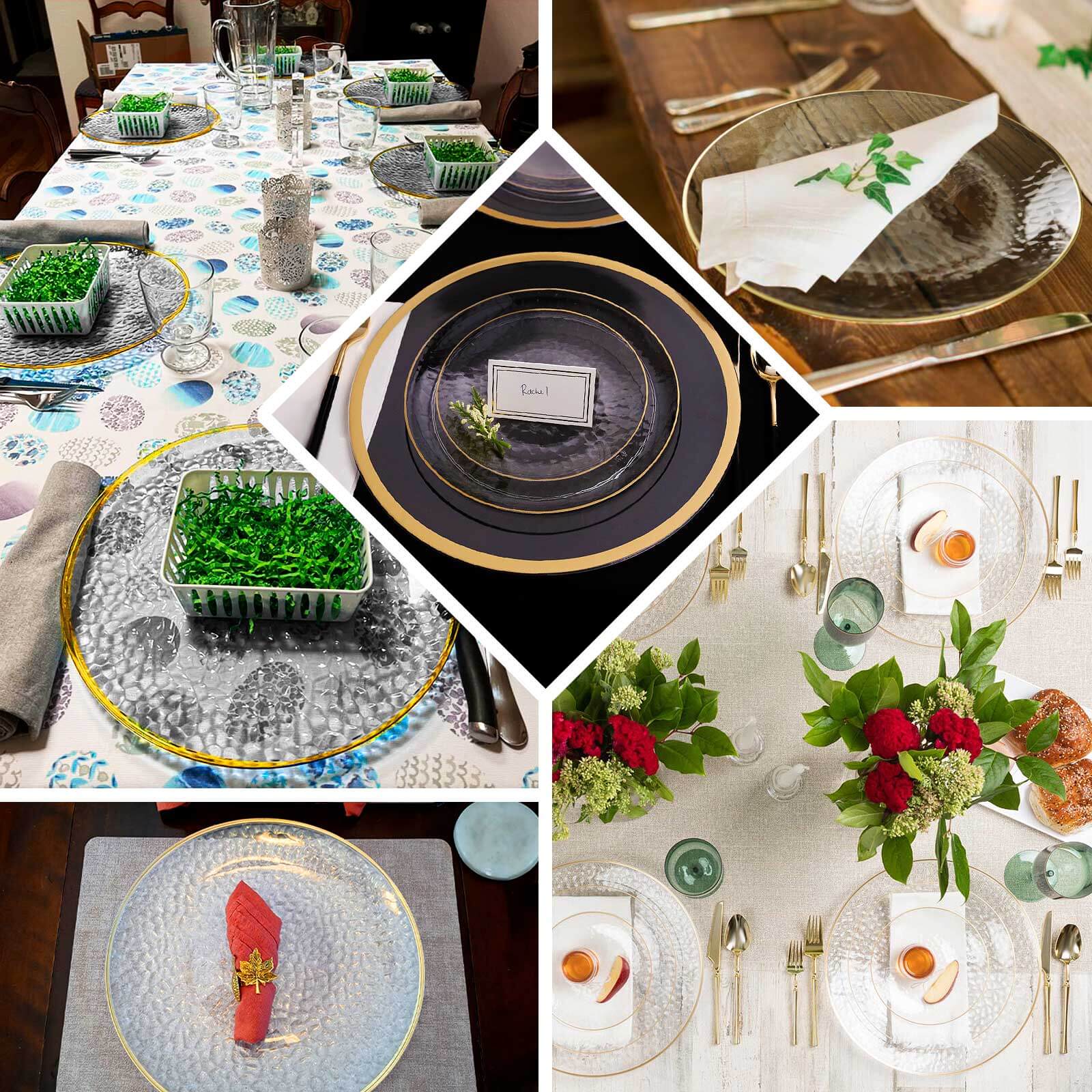 10-Pack Plastic 9" Round Dinner Plates in Clear Hammered Design with Gold Rim - Modern Disposable Party Plates for Events & Banquets