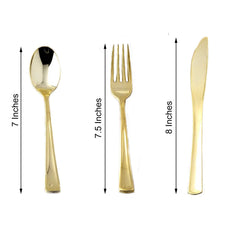 25-Pack Plastic Utensil Set Metallic Gold Classic Heavy Duty - Decorative Disposable Tableware 7", 8"