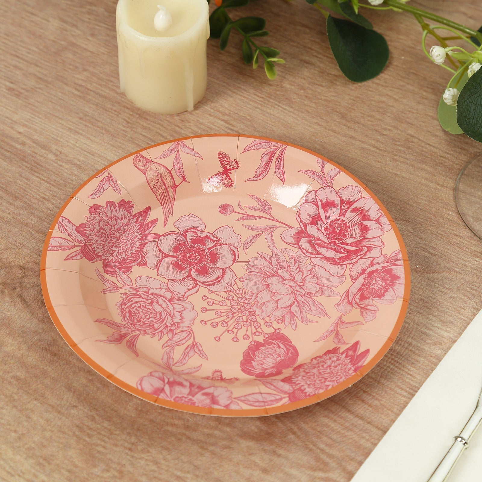 50-Pack Paper Round Dessert and Dinner Plates in Dusty Rose Spring Floral Print with Gold Rim - Heavy Duty Disposable Party Plates Set for Classy Table Decor 7", 9"