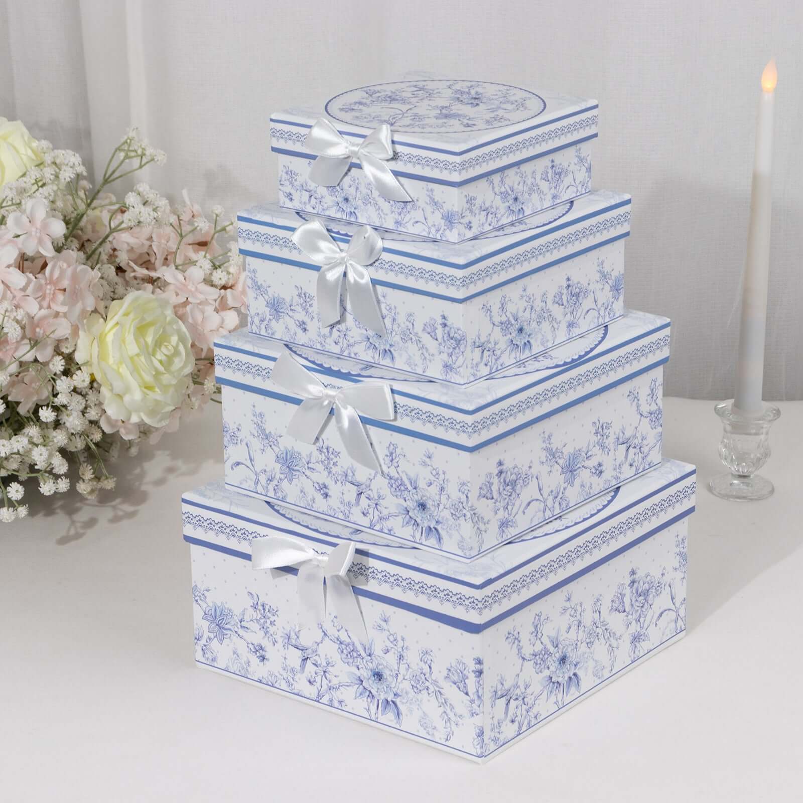 Set of 4 Cardstock Round Nesting Gift Boxes White Blue French Toile Design - Decorative Heavy Duty Stackable Keepsake Boxes With Lids for Presents Storage & Pedestal Stand 5",7",8",9"
