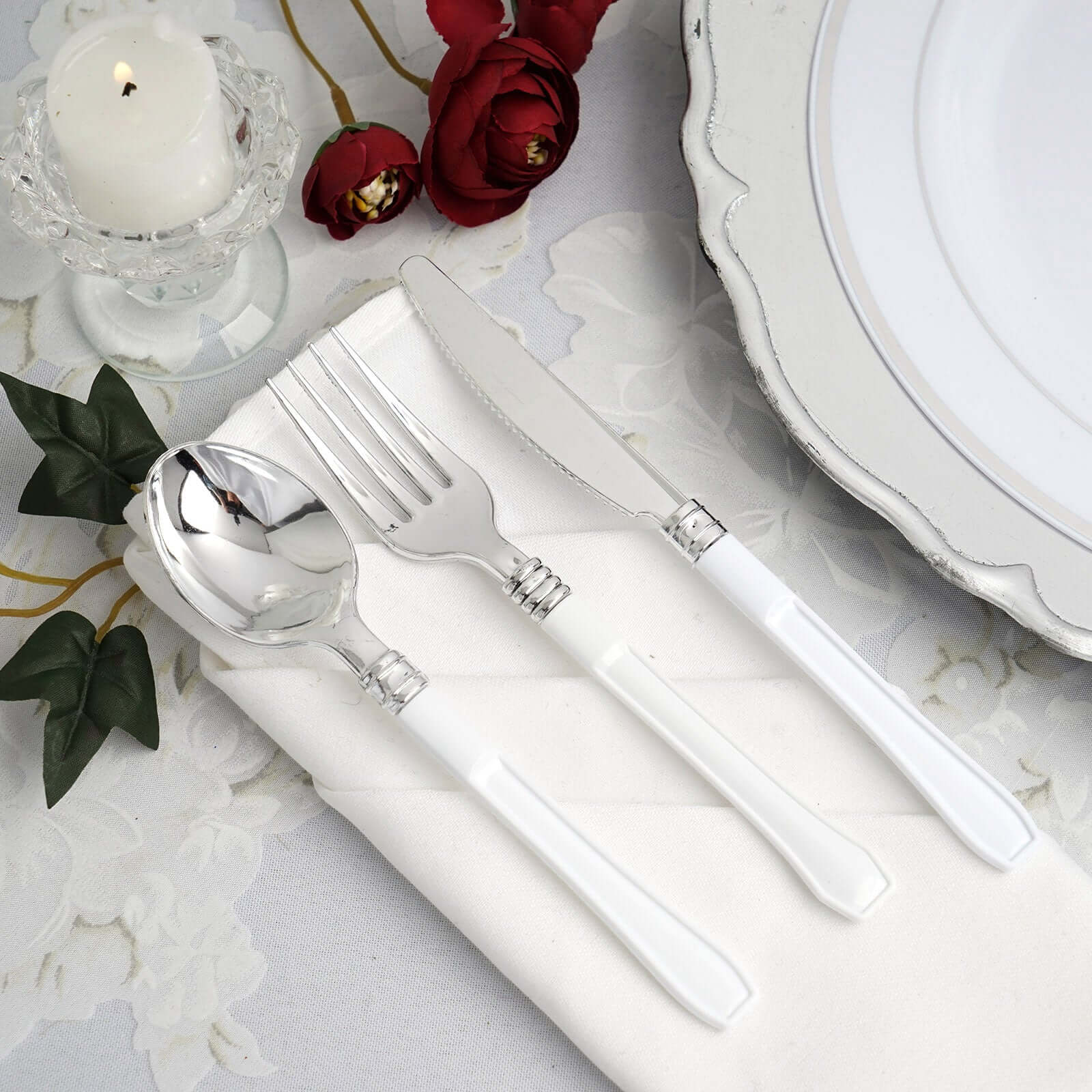 25-Pack Plastic Forks Light Silver Heavy Duty with White Handles - Reliable Disposable Tableware 7"