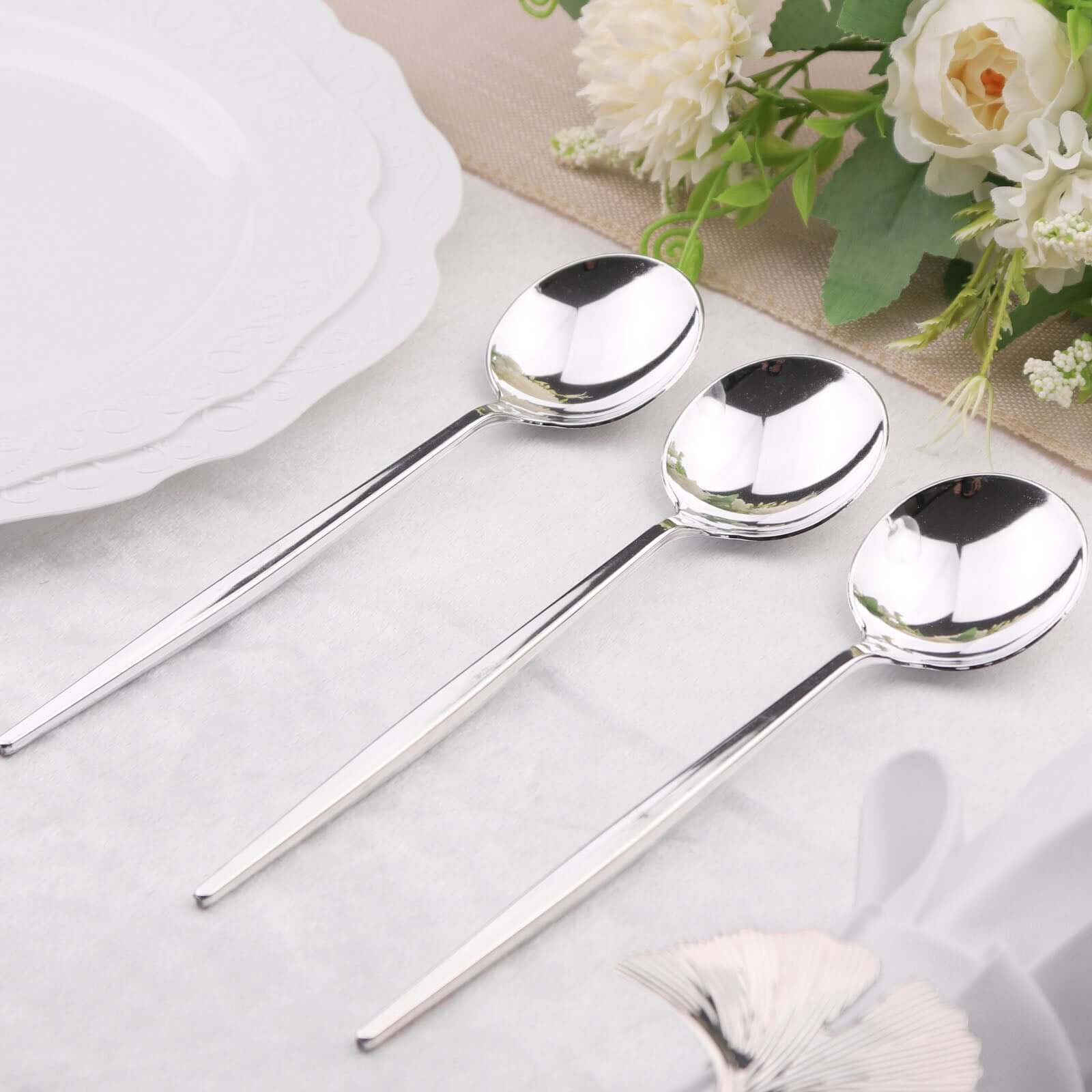 24-Pack Plastic Spoons Glossy Silver - Premium Heavy Duty Disposable Silverware 8"