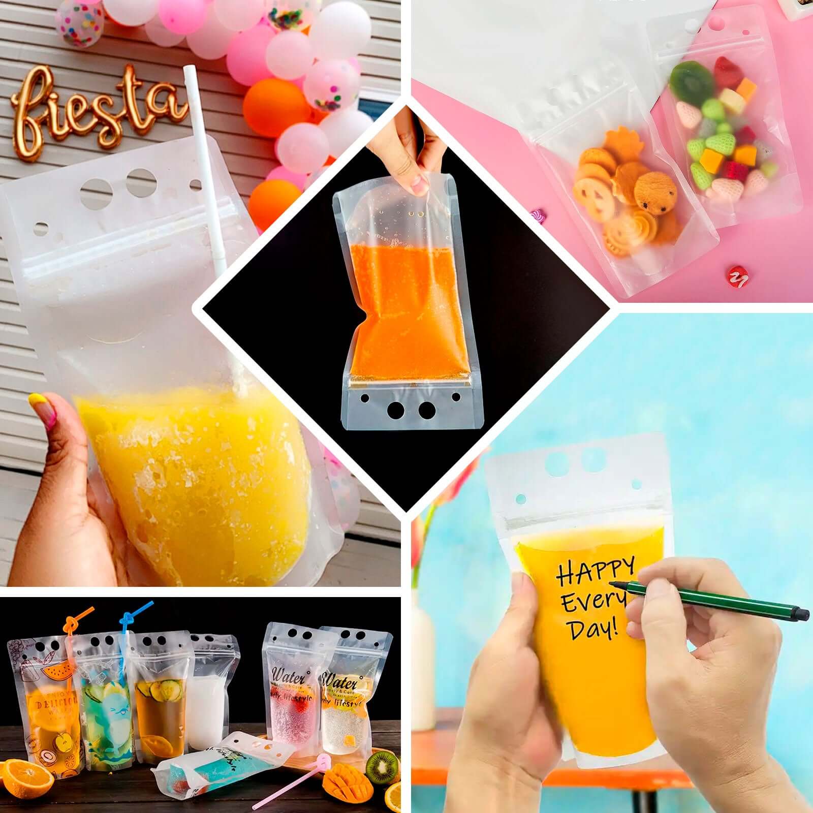 50-Pack Plastic Drink Pouches 12oz Clear - Stand Up Reclosable Hand-Held Juice Smoothie Drink Bags with Straws and Zipper for Travel & Festivals
