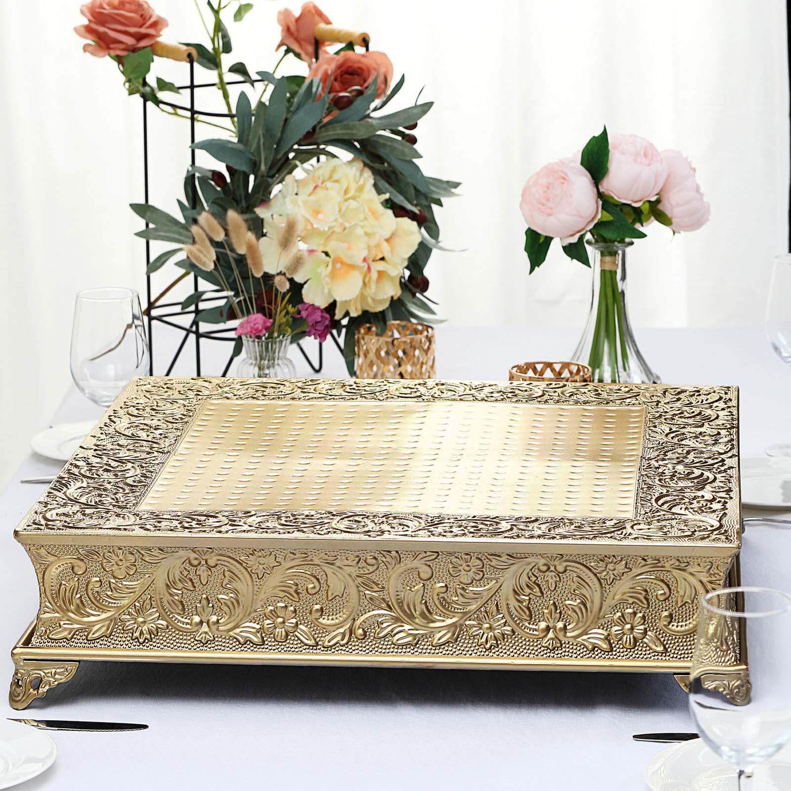 22" Square Gold Embossed Cake Pedestal, Metal Cake Stand Cake Riser