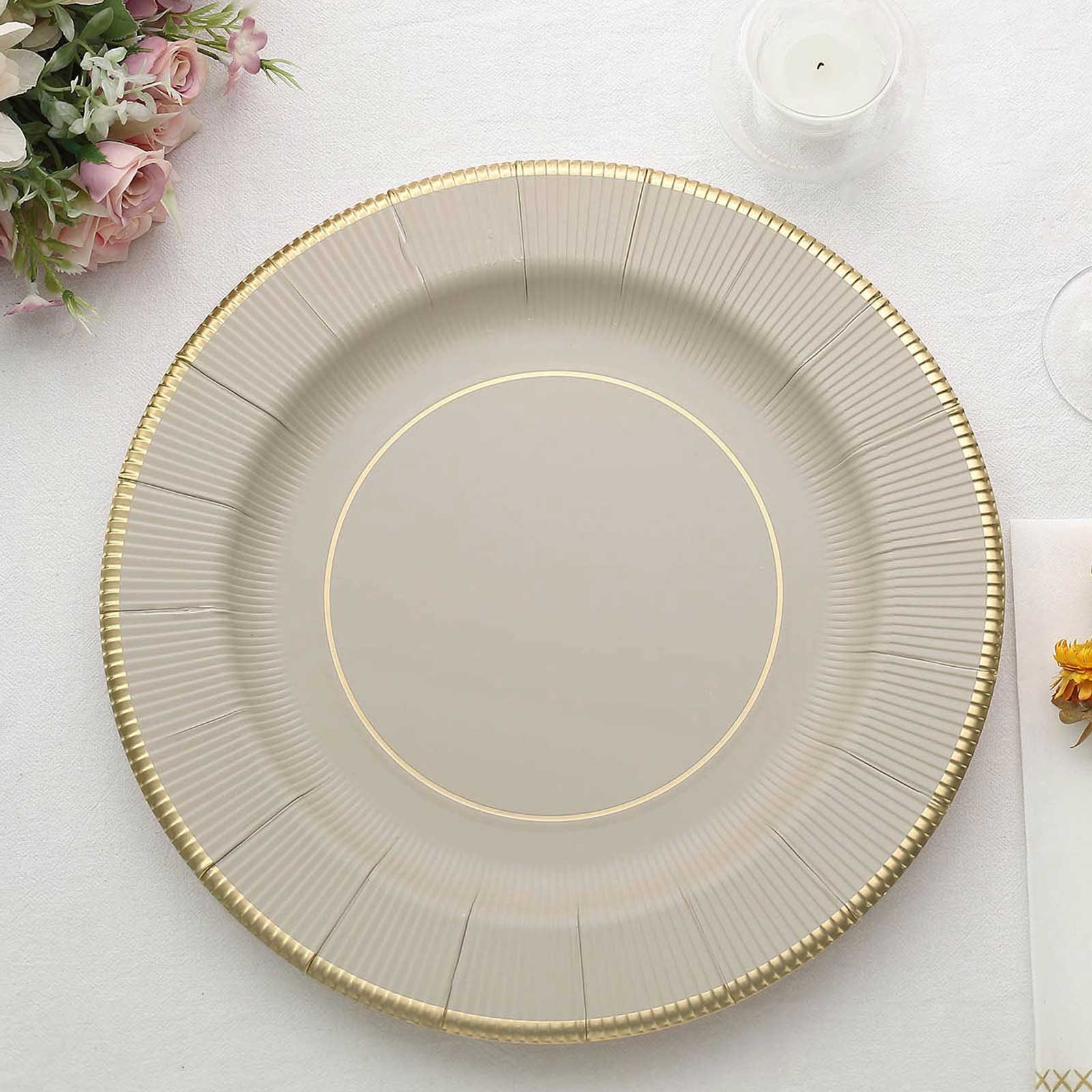 25-Pack Disposable Round Charger Plates in Taupe Sunray Design with Gold Rim - 350GSM Heavy Duty Paper Chargers 13"