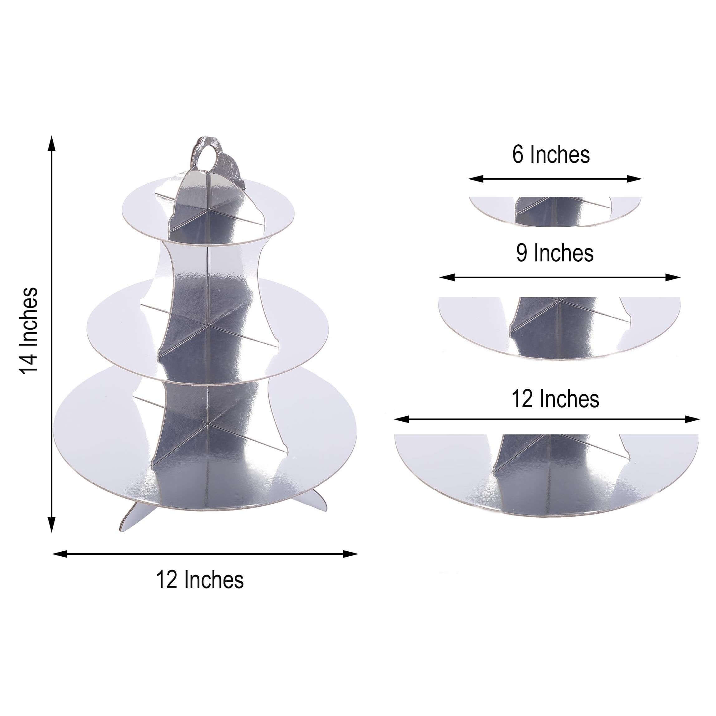 3-Tier Cardboard Cupcake Stand Metallic Silver - Reusable Dessert Table Display Tower for Classy Birthday Wedding Party Decoration 14"
