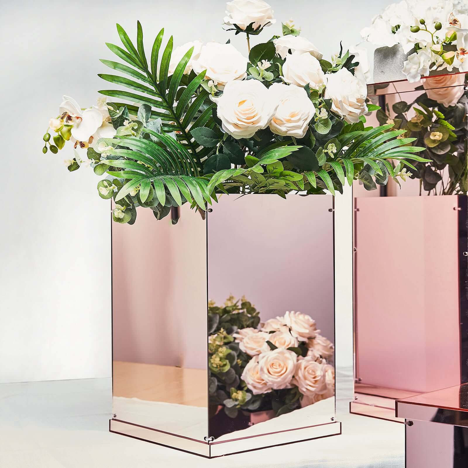 Set of 5 Rose Gold Mirror Finish Acrylic Display Boxes, Pedestal Risers with Interchangeable Lid and Base - 12",16",24",32",40"