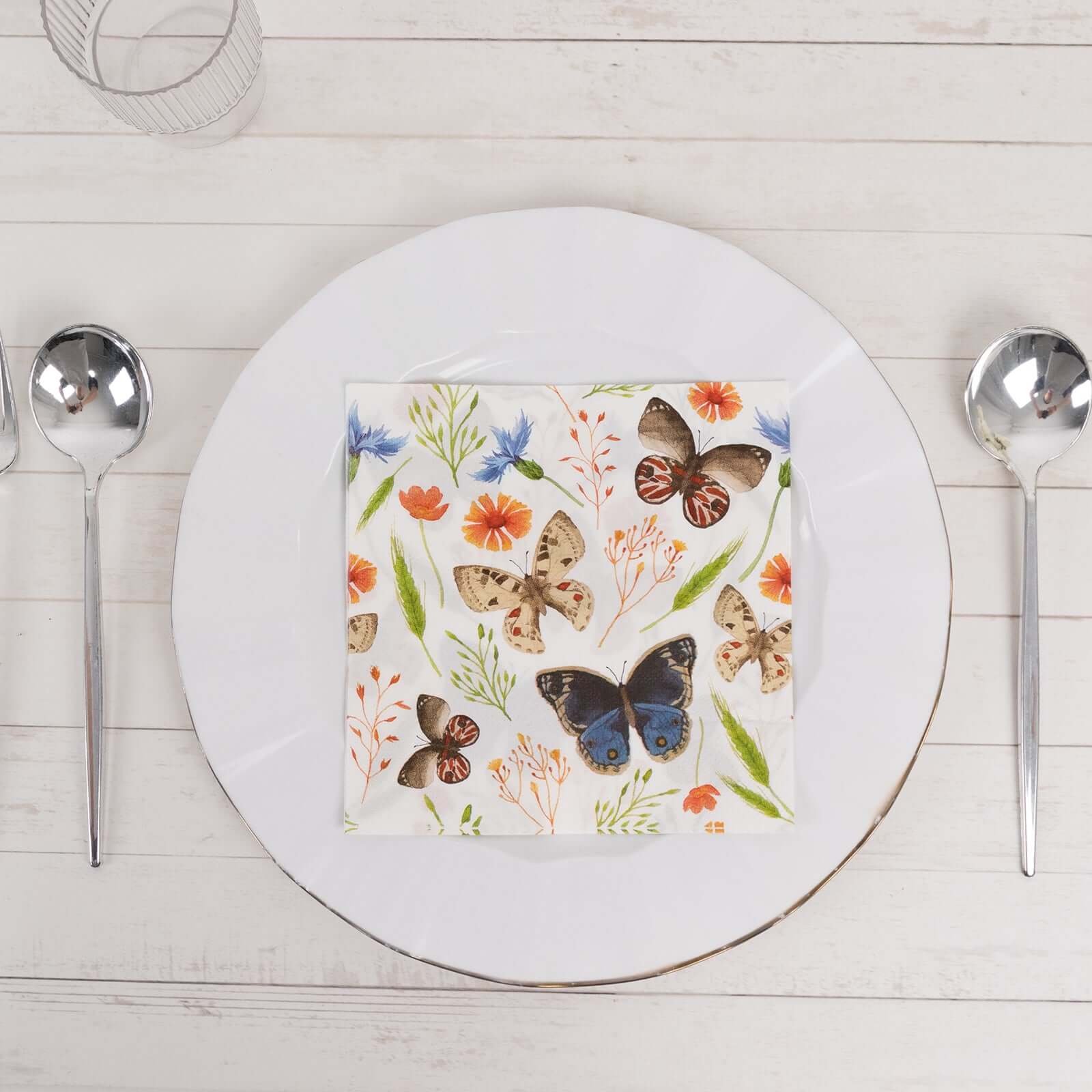50-Pack Paper Beverage Napkins with Field Herbs and Butterfly Print Ivory - 2 Ply Disposable 18GSM Garden Party Napkins 5"x5"