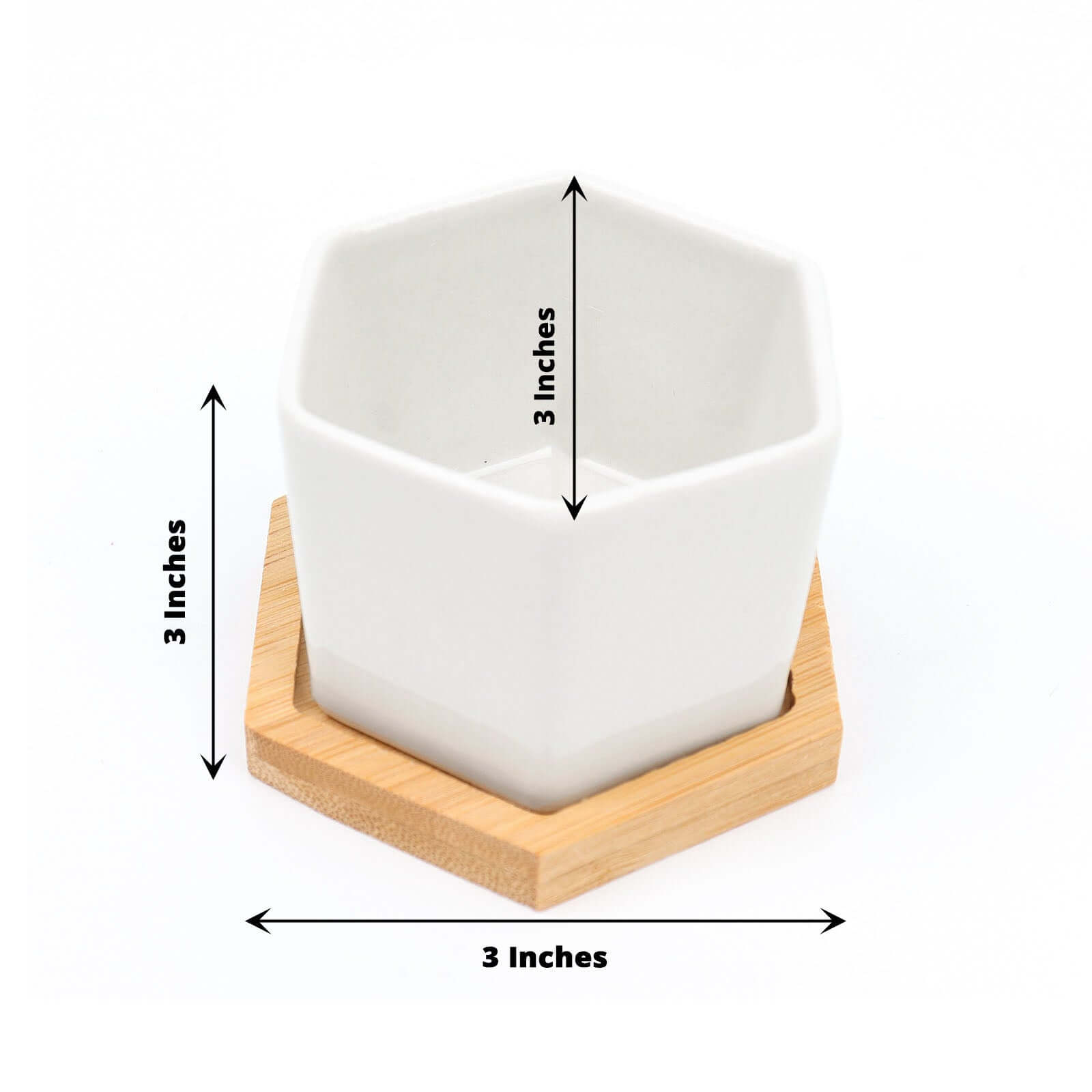 6-Pack Planter Pots Geometric Hexagon Design White - Ceramic Pots with Bamboo Tray and Removable Bottom 3"