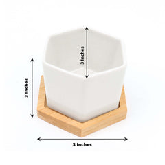 6-Pack Planter Pots Geometric Hexagon Design White - Ceramic Pots with Bamboo Tray and Removable Bottom 3"