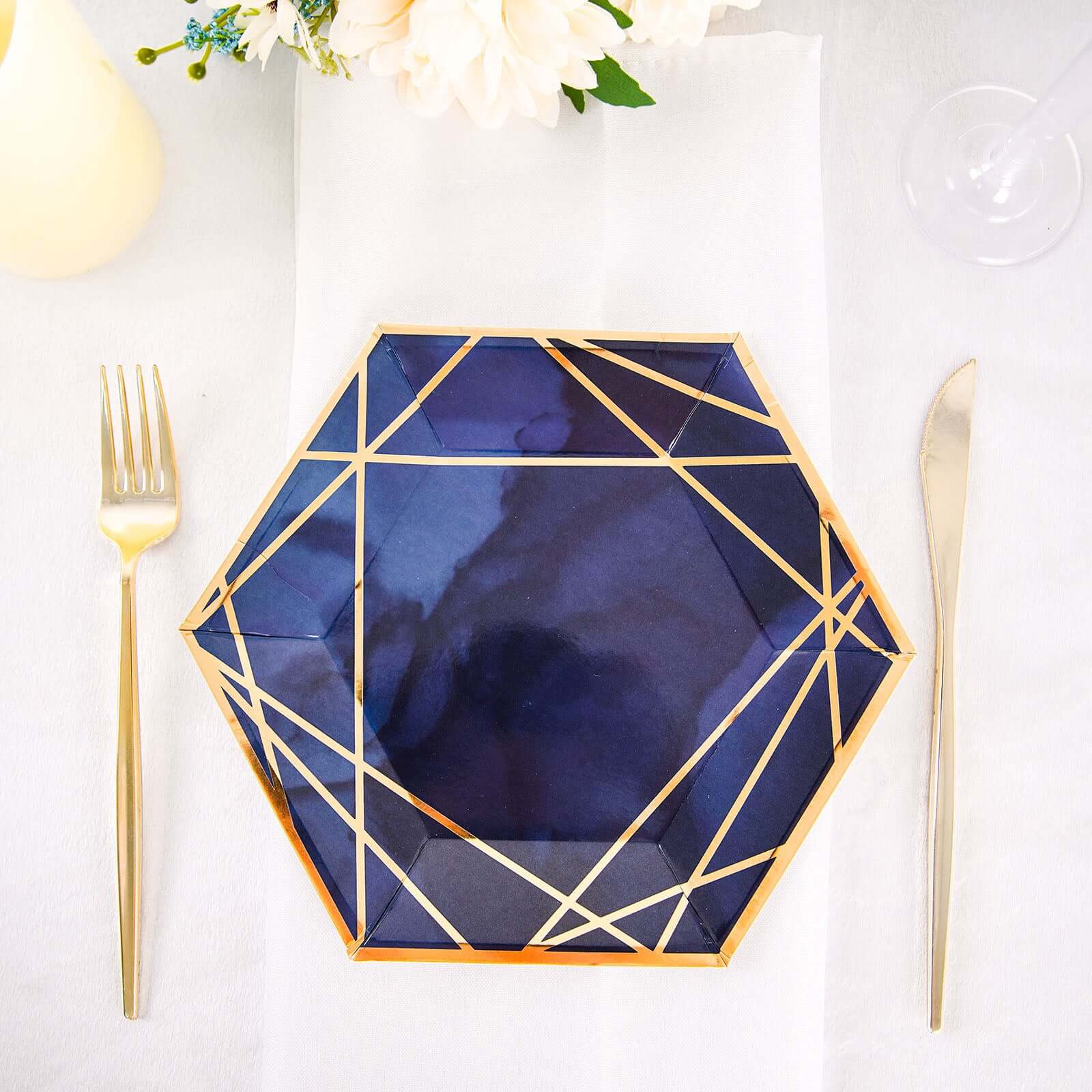 25-Pack Paper 7" Hexagon Dessert Plates in Navy Blue with Gold Geometric Lines & Rim - Stylish Disposable Geometric 300GSM Appetizer Salad Plates