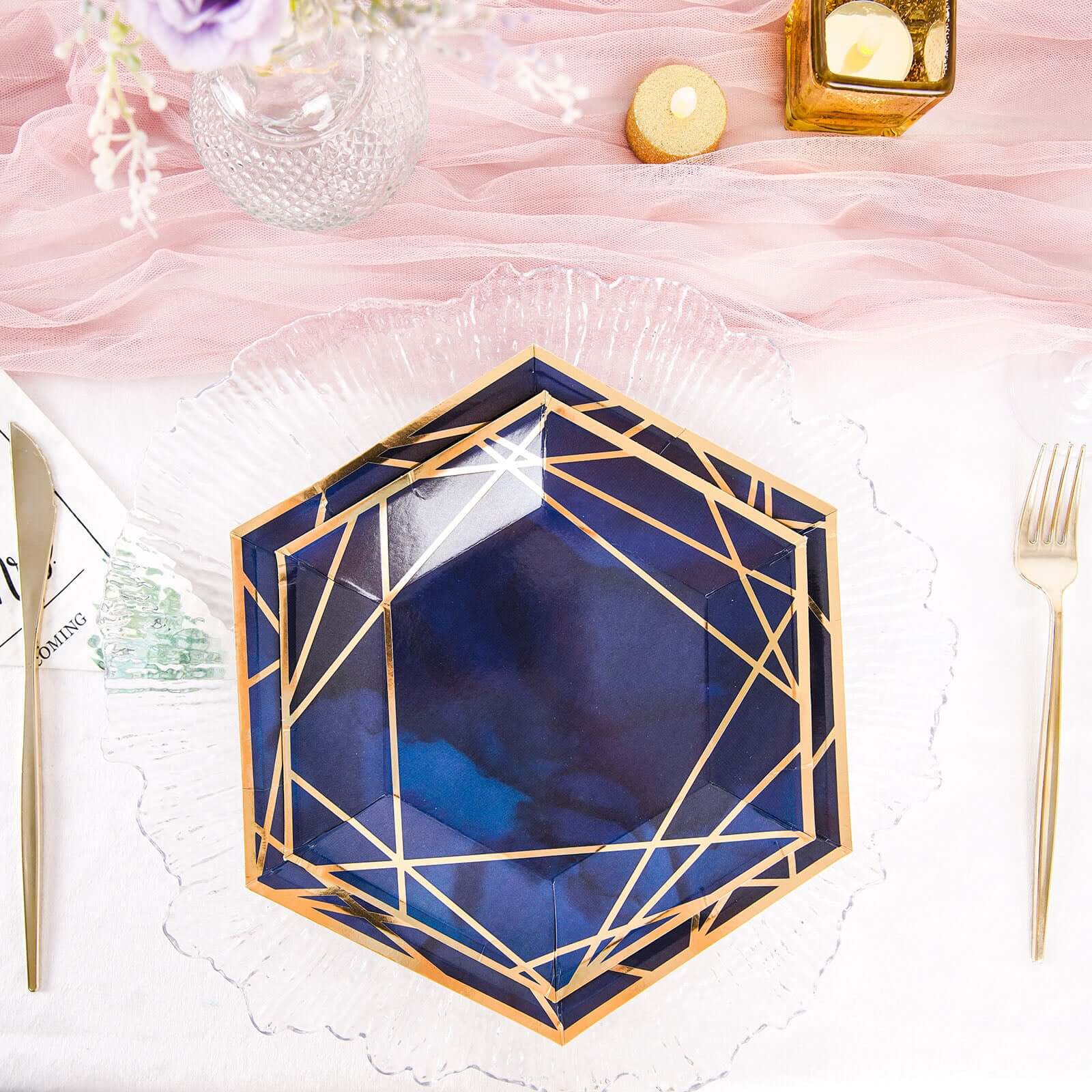 25-Pack Paper 7" Hexagon Dessert Plates in Navy Blue with Gold Geometric Lines & Rim - Stylish Disposable Geometric 300GSM Appetizer Salad Plates