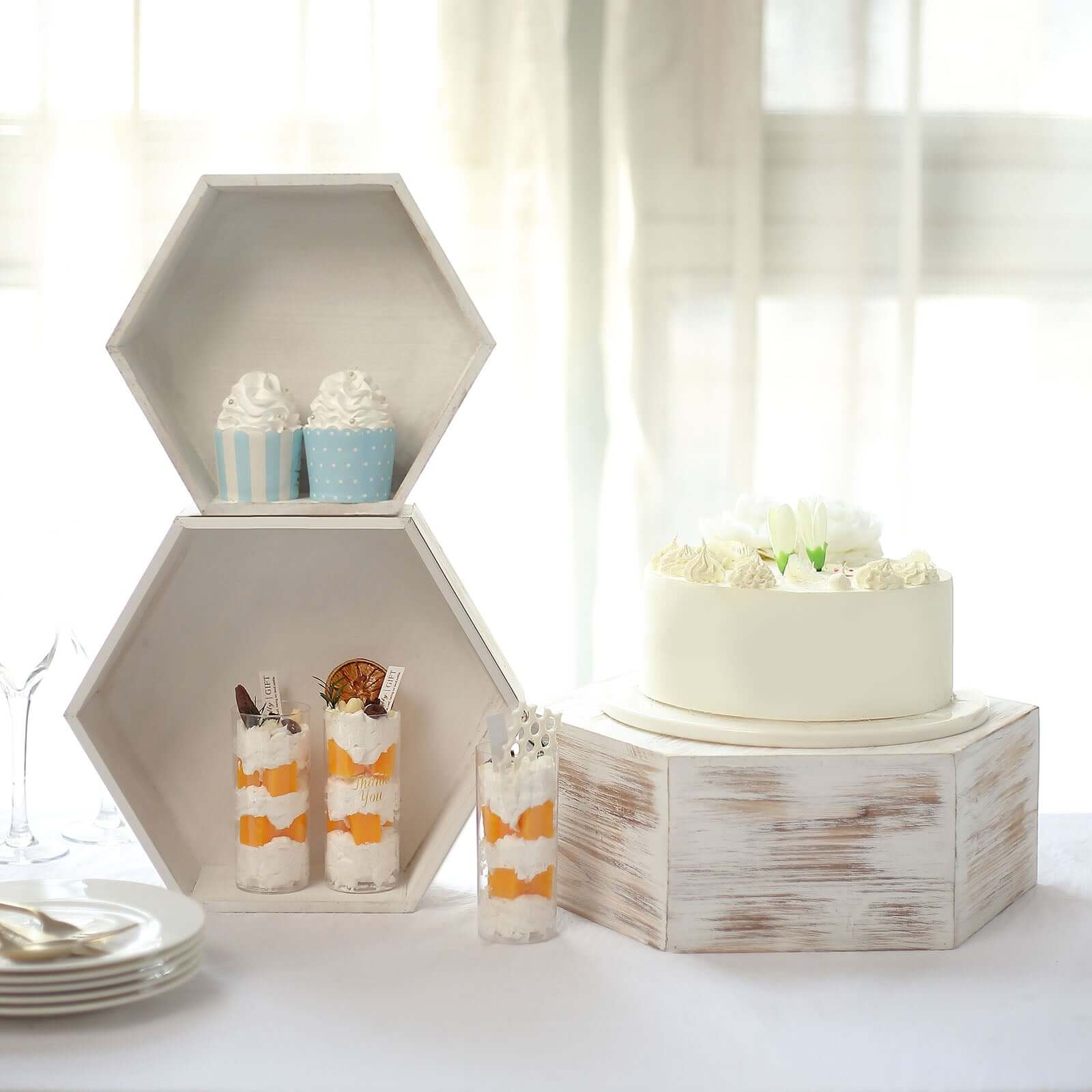 Set of 3 Wooden Dessert Display Boxes Whitewashed Hexagonal Design - Stackable Riser Cake Stand 9", 11", 13"