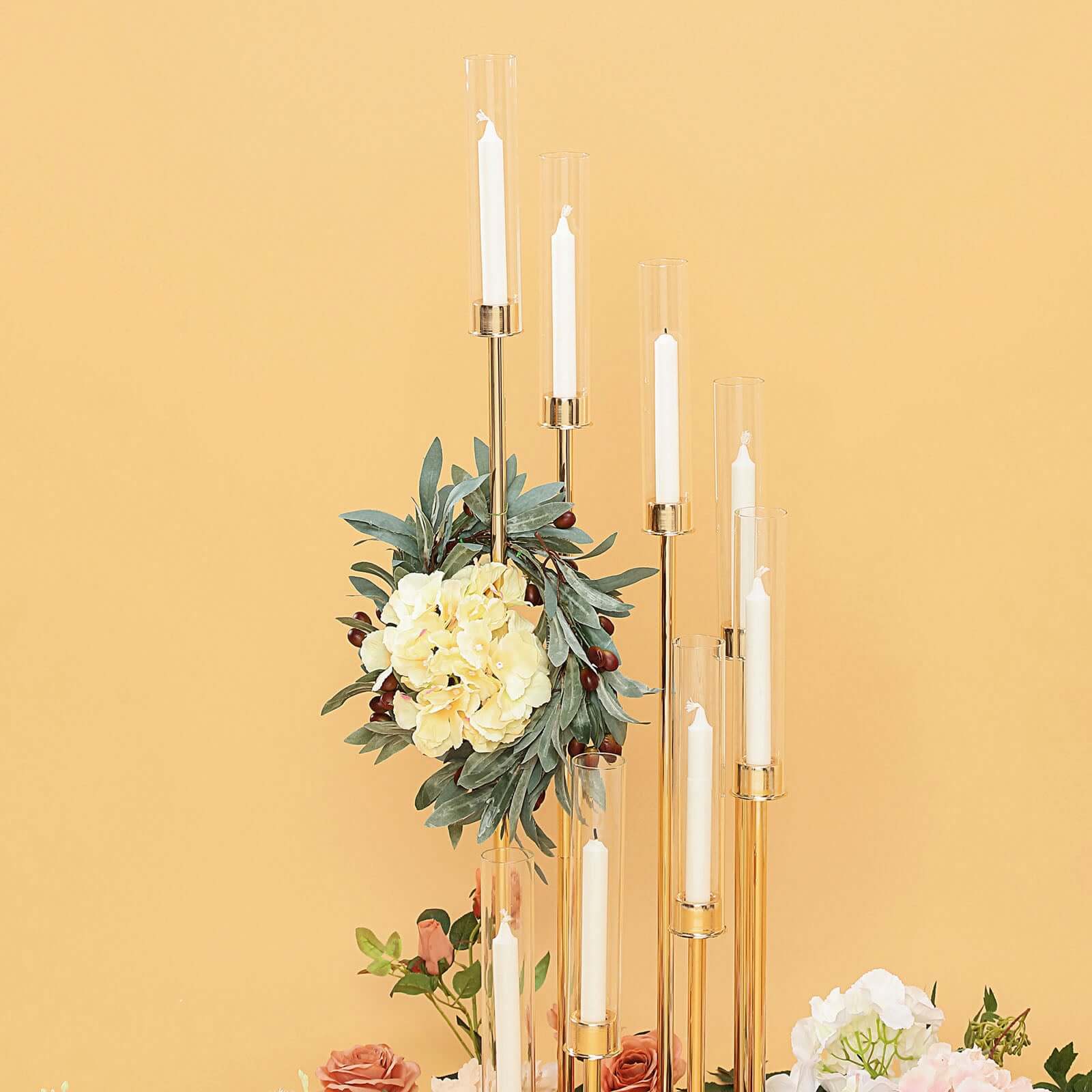8 Arm Cluster Taper Candle Holder Gold - Stunning Large Candle Arragement With Clear Glass Shades for Grand Banquets & Celebrations 42"