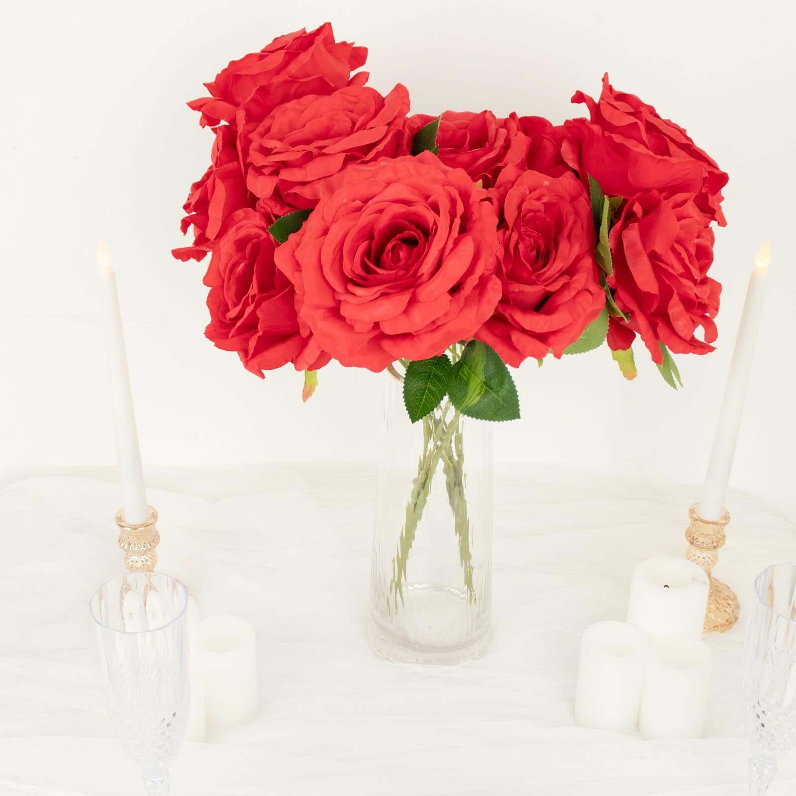 2 Bushes 17" Red Premium Silk Jumbo Rose Flower Bouquet, High Quality Artificial Wedding Floral Arrangements