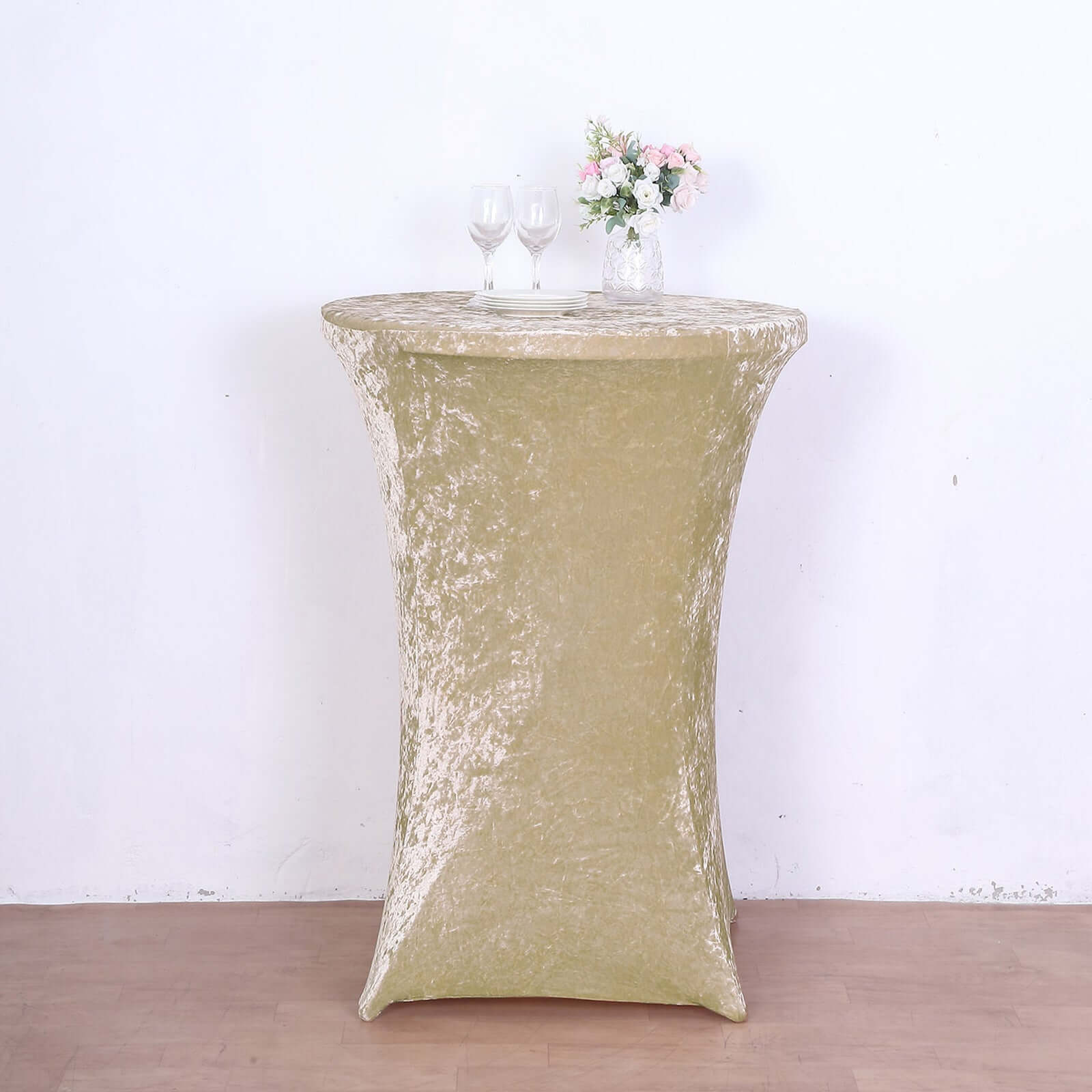 Crushed Velvet Spandex 32" Round Cocktail Table Cover Beige Smooth Highboy Tablecloth