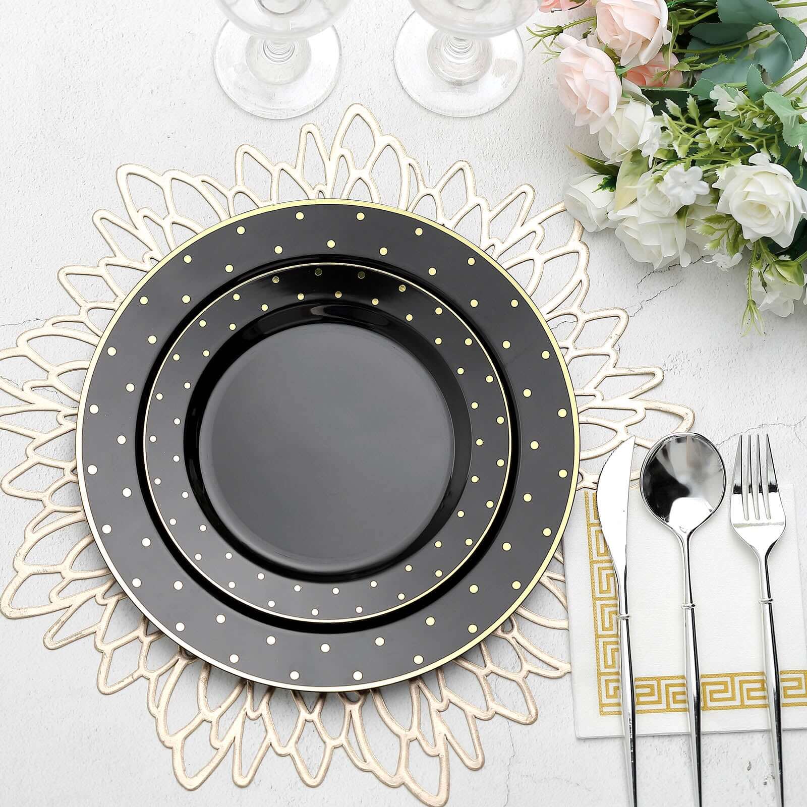 10 Pack 7.5" Black With Gold Dot Rim Plastic Dessert Plates, Round Salad Disposable Tableware Plates