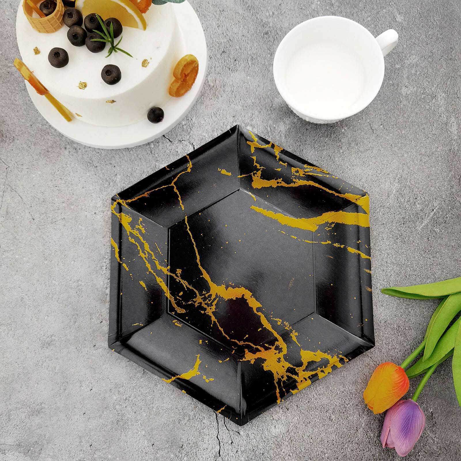 25-Pack Paper 12" Hexagon Dinner Plates in Black with Gold Marble Design - Disposable Geometric 400GSM Party Plates for Events & Banquets