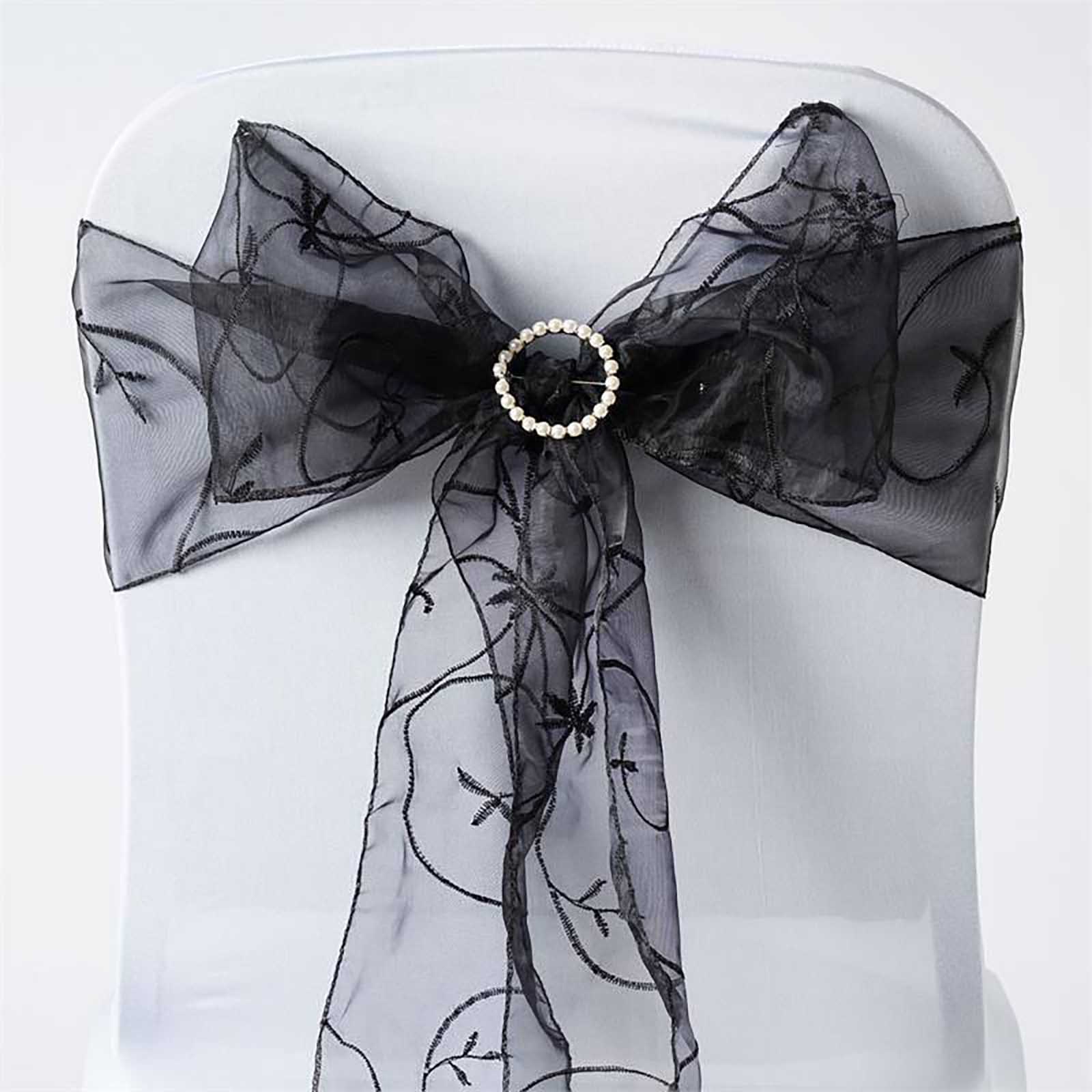 5 Pack Organza Chair Sashes with Satin Leaf Embroidery Black - Reusable Sheer Design for Classy Weddings & Events 7"x108"