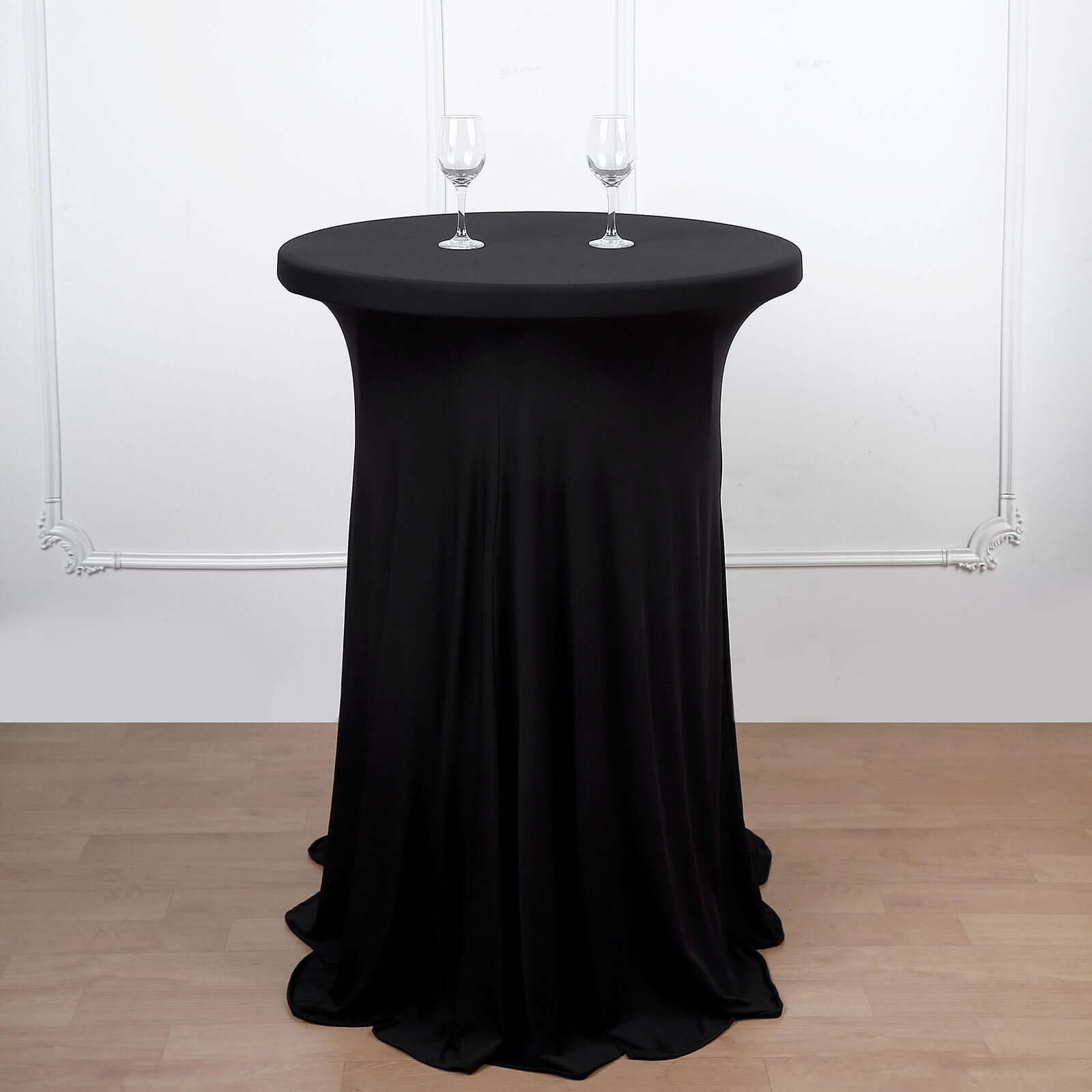Spandex 32" Round Cocktail Table Cover Skirt Black With Natural Wavy Drapes