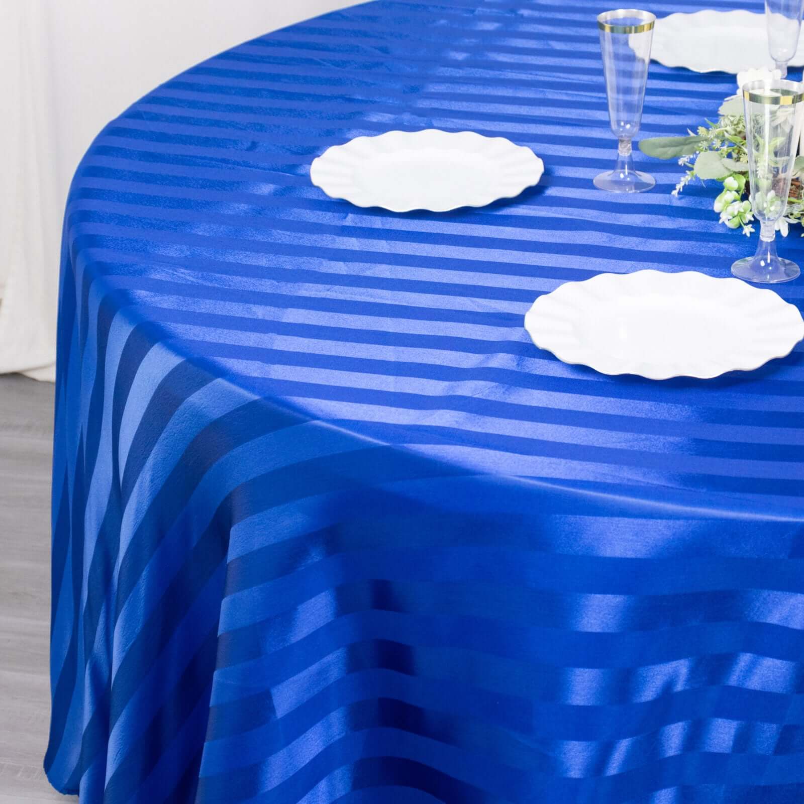Satin Striped 120" Round Tablecloth Royal Blue Satin Stripe - Silky Smooth Seamless Table Cover
