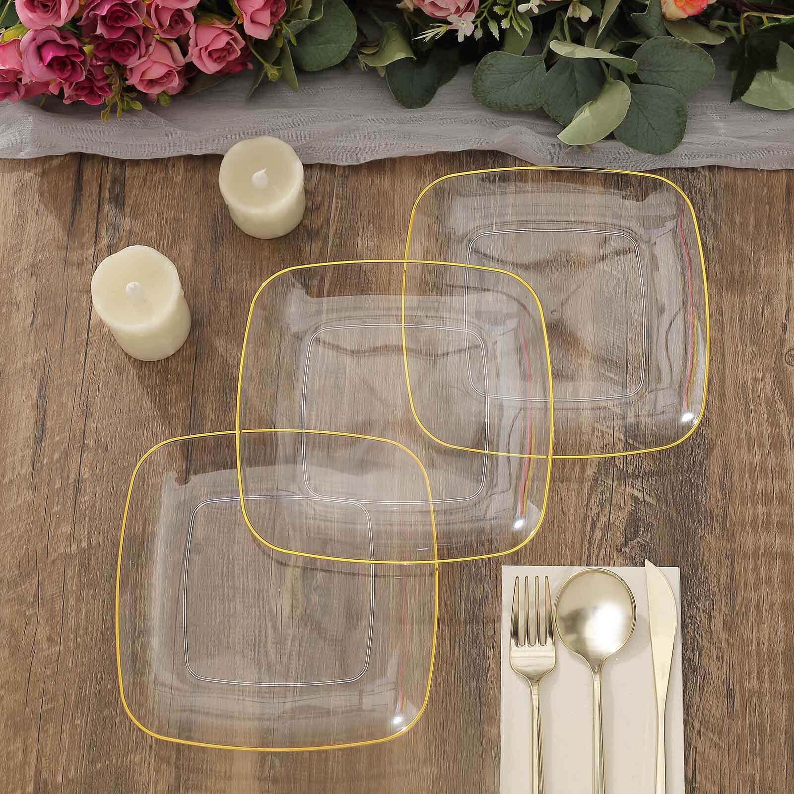 10-Pack Plastic 7" Square Dessert Plates in Clear with Gold Rim - Classy Disposable Appetizer Salad Plates
