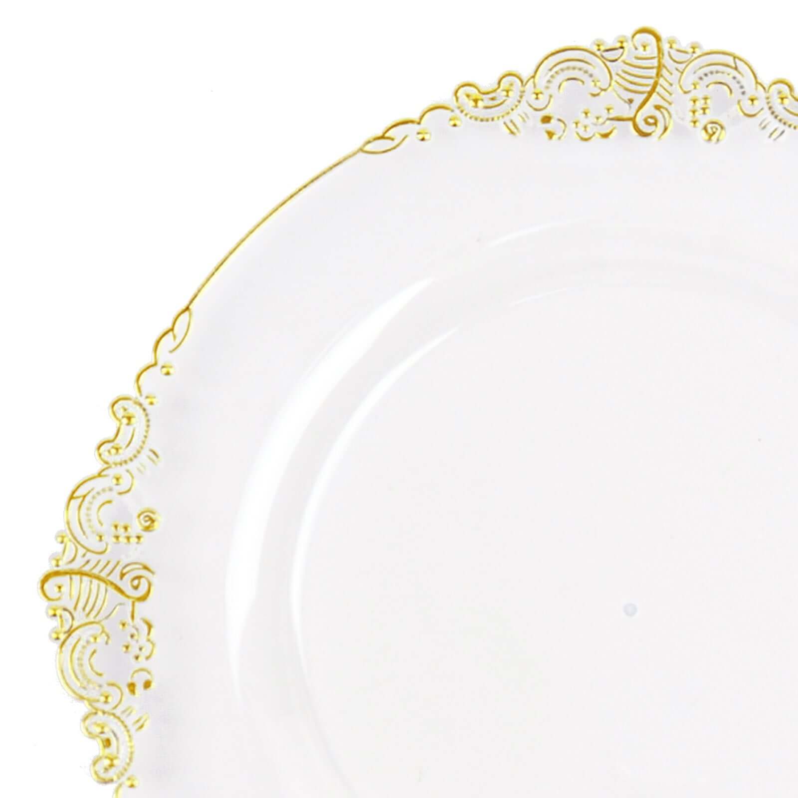 10-Pack Plastic 8" Round Dessert Plates in Clear with Gold Leaf Embossed Rim - Disposable Vintage Baroque Style Salad Plates