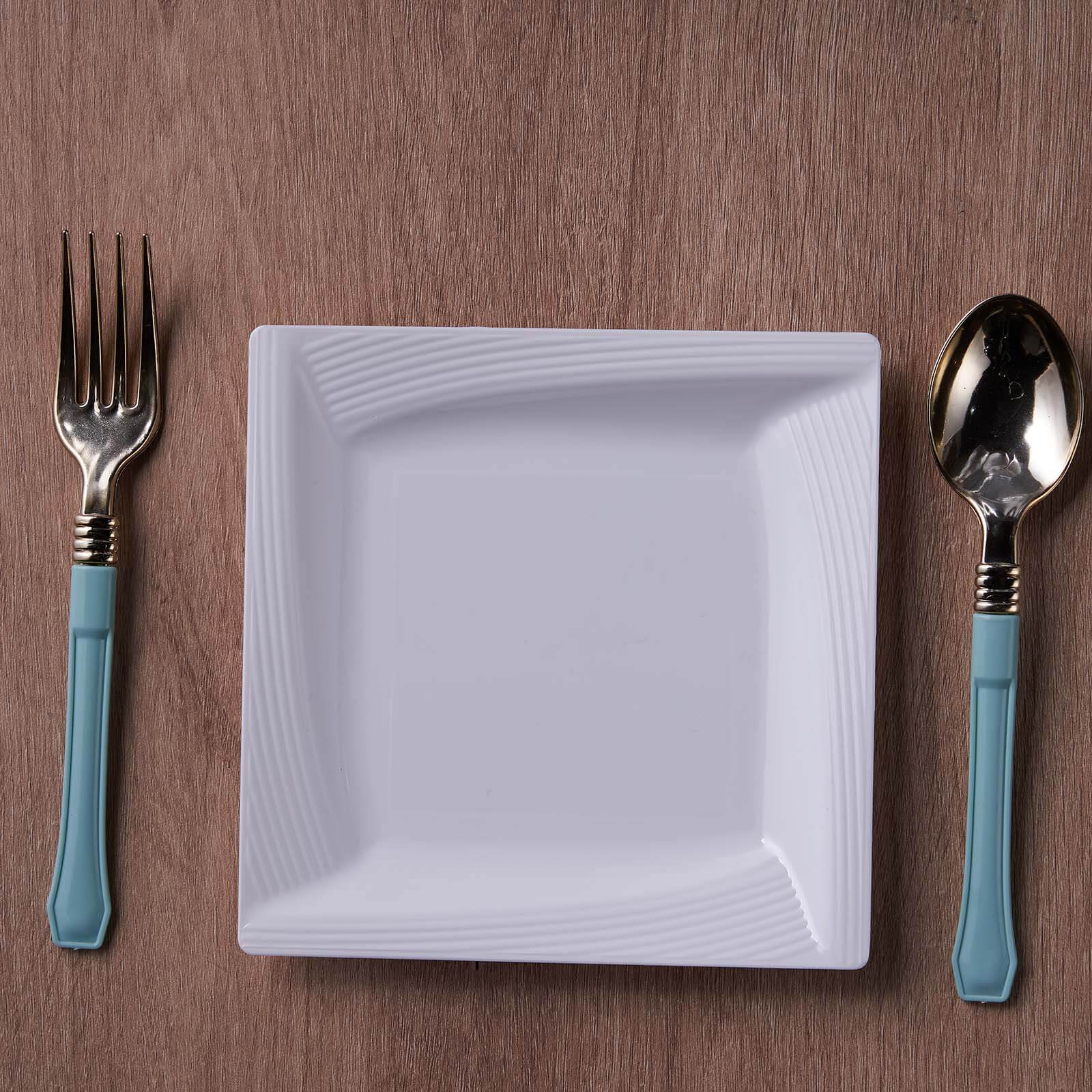 10-Pack Plastic 6" Square Dessert Plates in White with Geometric Ridge Trim - Disposable Appetizer Salad Plates for Stylish Gatherings & Celebrations