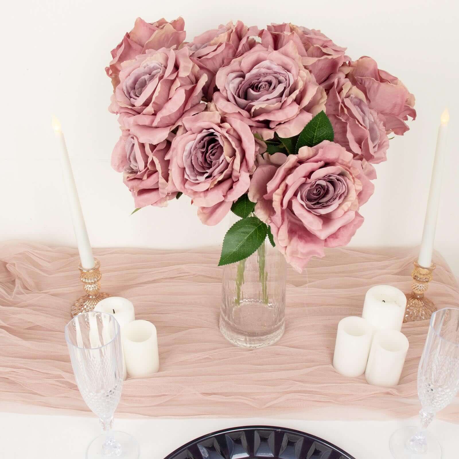 2 Bushes 17" Dusty Rose Premium Silk Jumbo Rose Flower Bouquet, High Quality Artificial Wedding Floral Arrangements