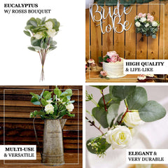 15" Ivory Artificial Silk Rose and Eucalyptus Flower Bouquet Arrangement