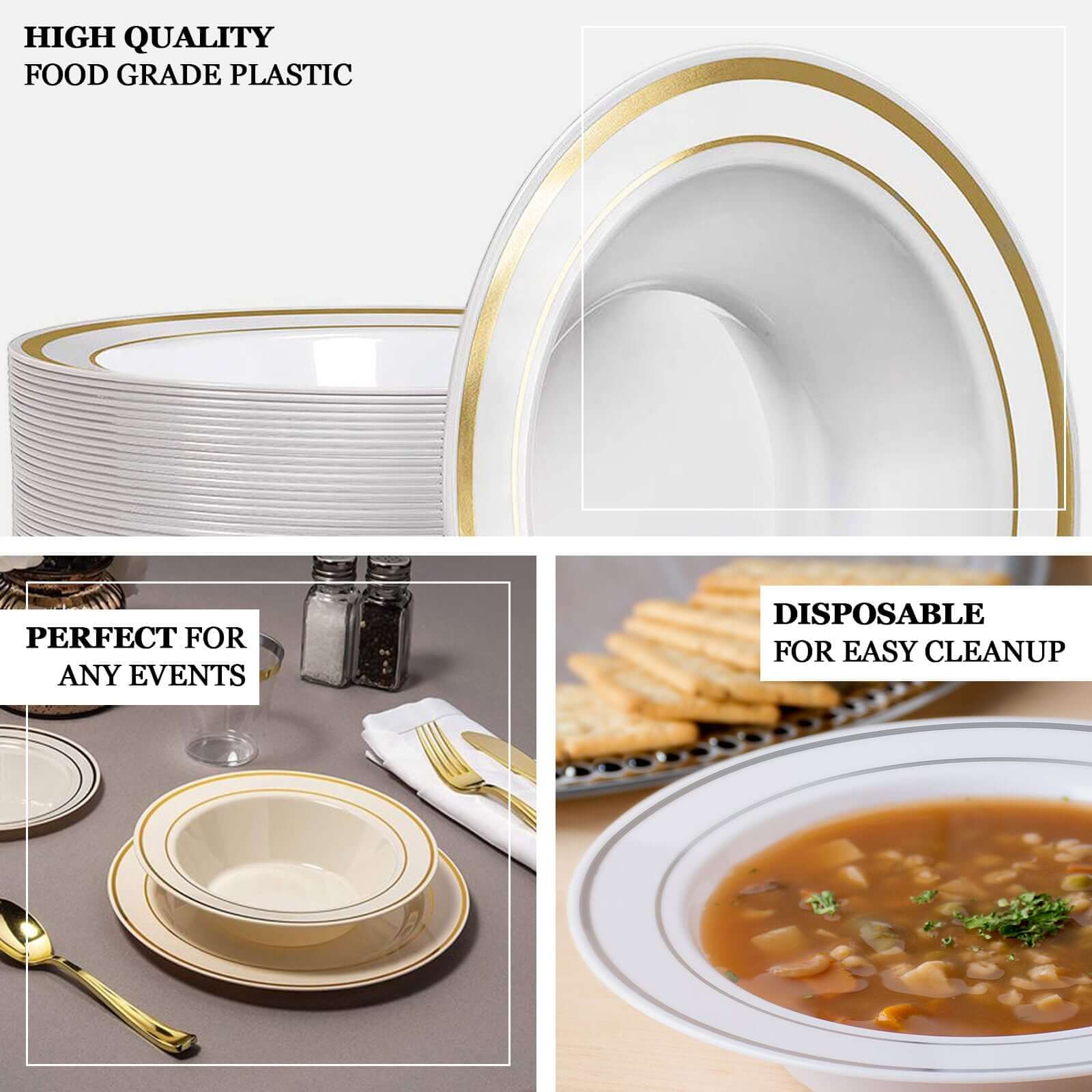 10-Pack Plastic Soup Bowls White with Silver Rim - Stylish Disposable Bowls for Parties 12oz